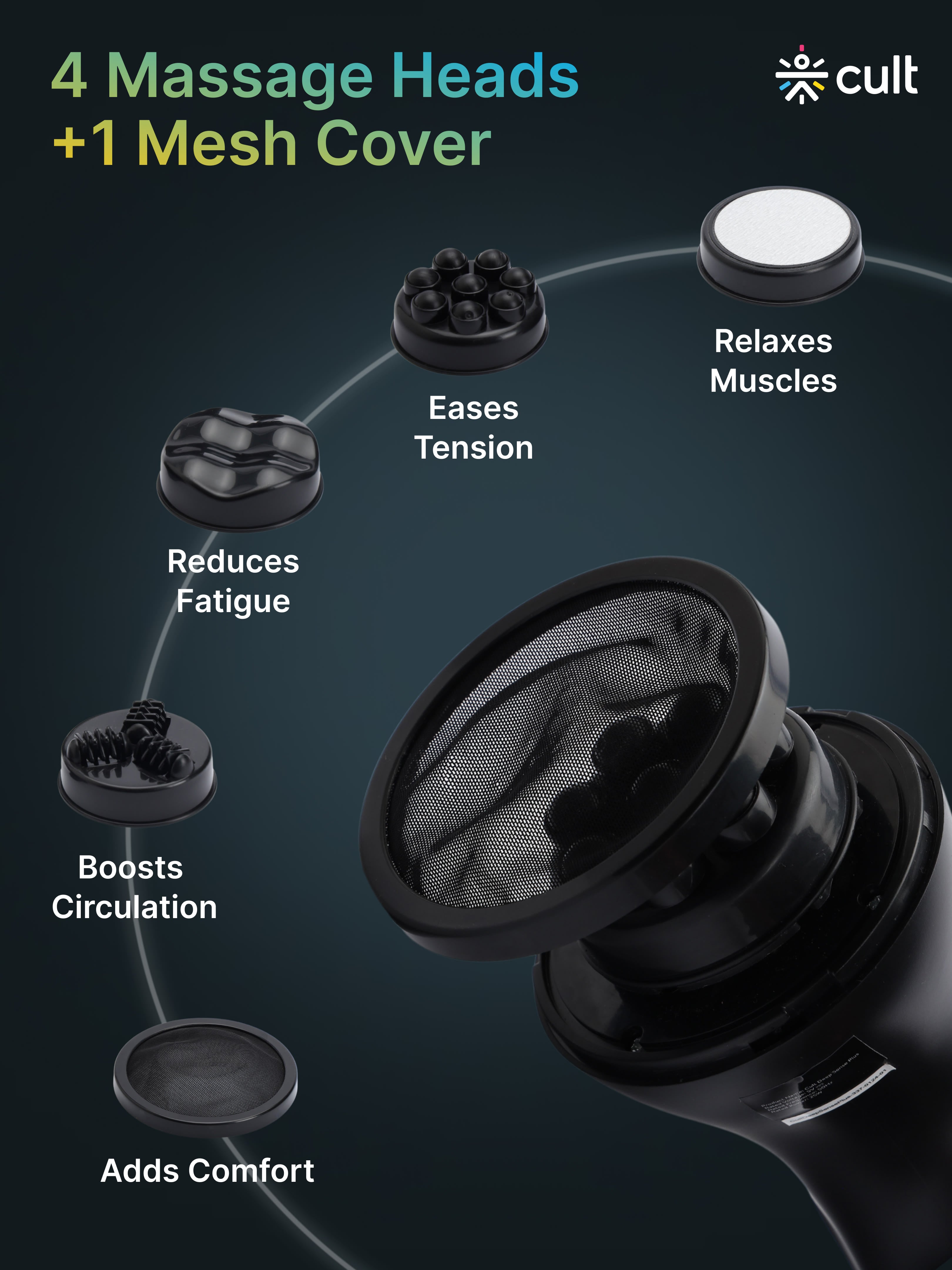 Cult Deep Sense Corded Electric Hammer Full Body Massager with 4 Interchangeable Heads +1 Protective Mesh Cover and Adjustable Speed Settings for Pain Relief and Relaxation.