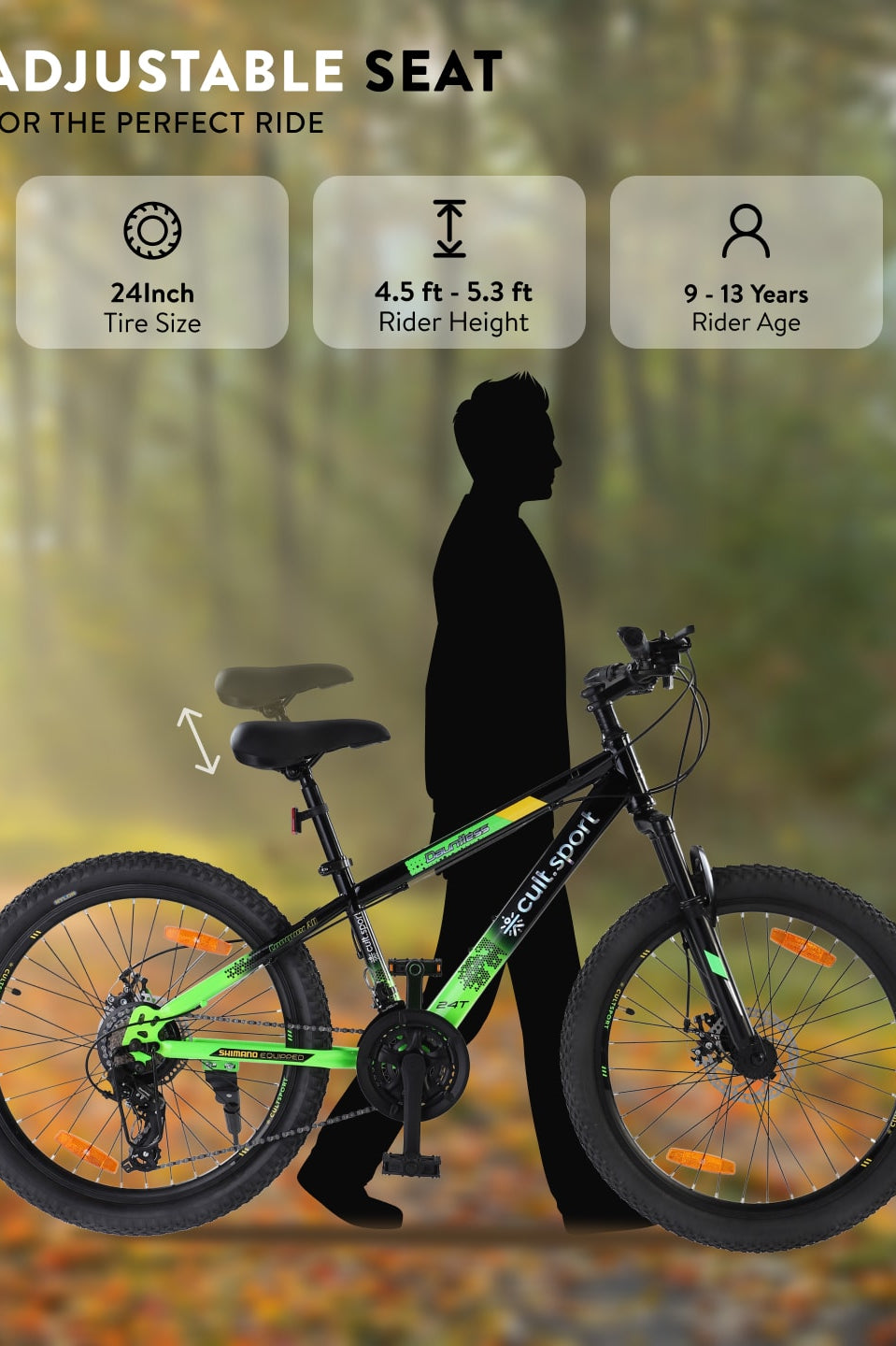 DAUNTLESS21S24TBLACKGREEN Steel 21 Speed Shimano Gear 24 inch Mountain Cycle, Dual Disc Brake, Front Suspension, Double Wall Rim