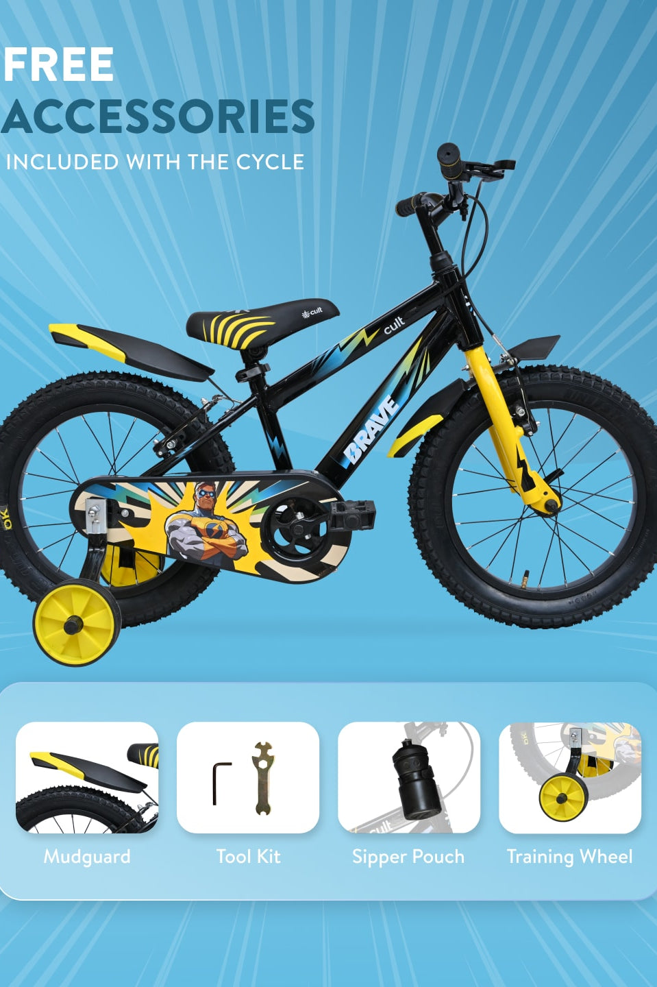 Brave 16T Black Steel Kids Bike with Single Wall Rim, Rigid Fork and Free Trainer Sessions and Cycling Event