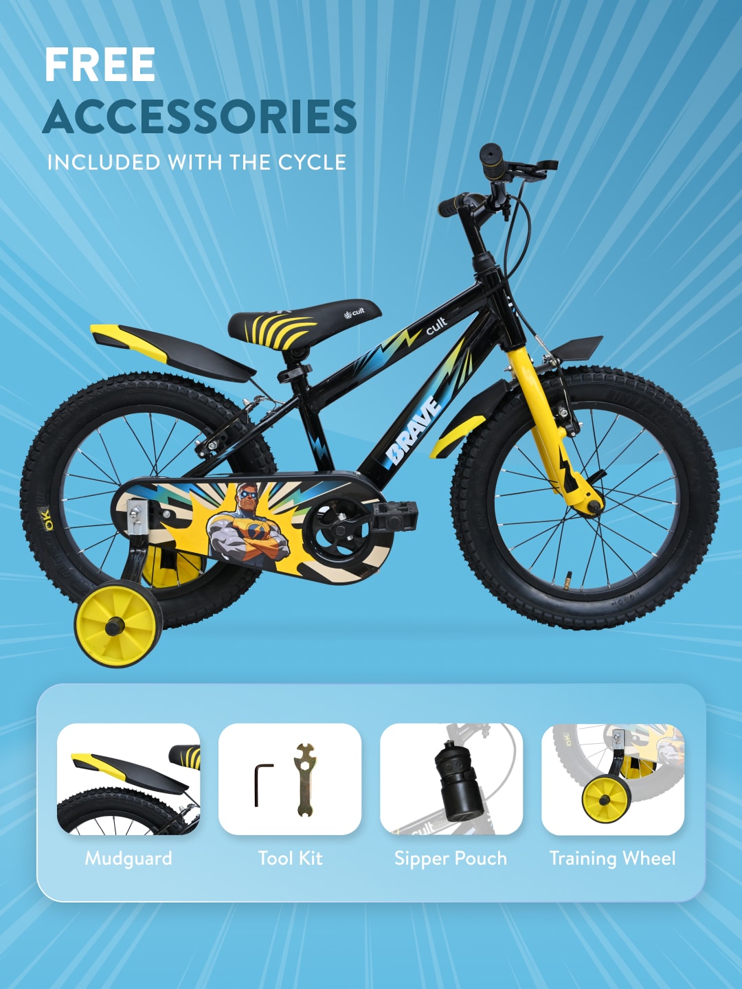 Brave 16T Black Steel Kids Bike with Single Wall Rim, Rigid Fork and Free Trainer Sessions and Cycling Event