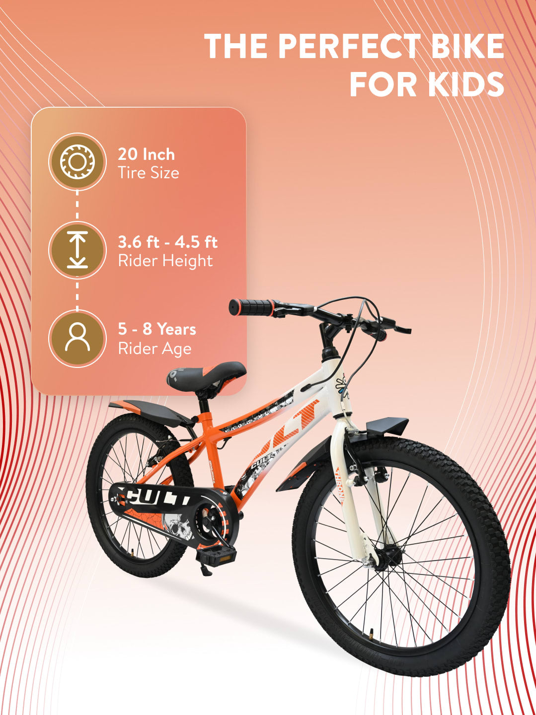 Throne 20T Steel Kids Bike with Rigid Fork, Single Wall Rim, V brakes and Chain Guard Orange White