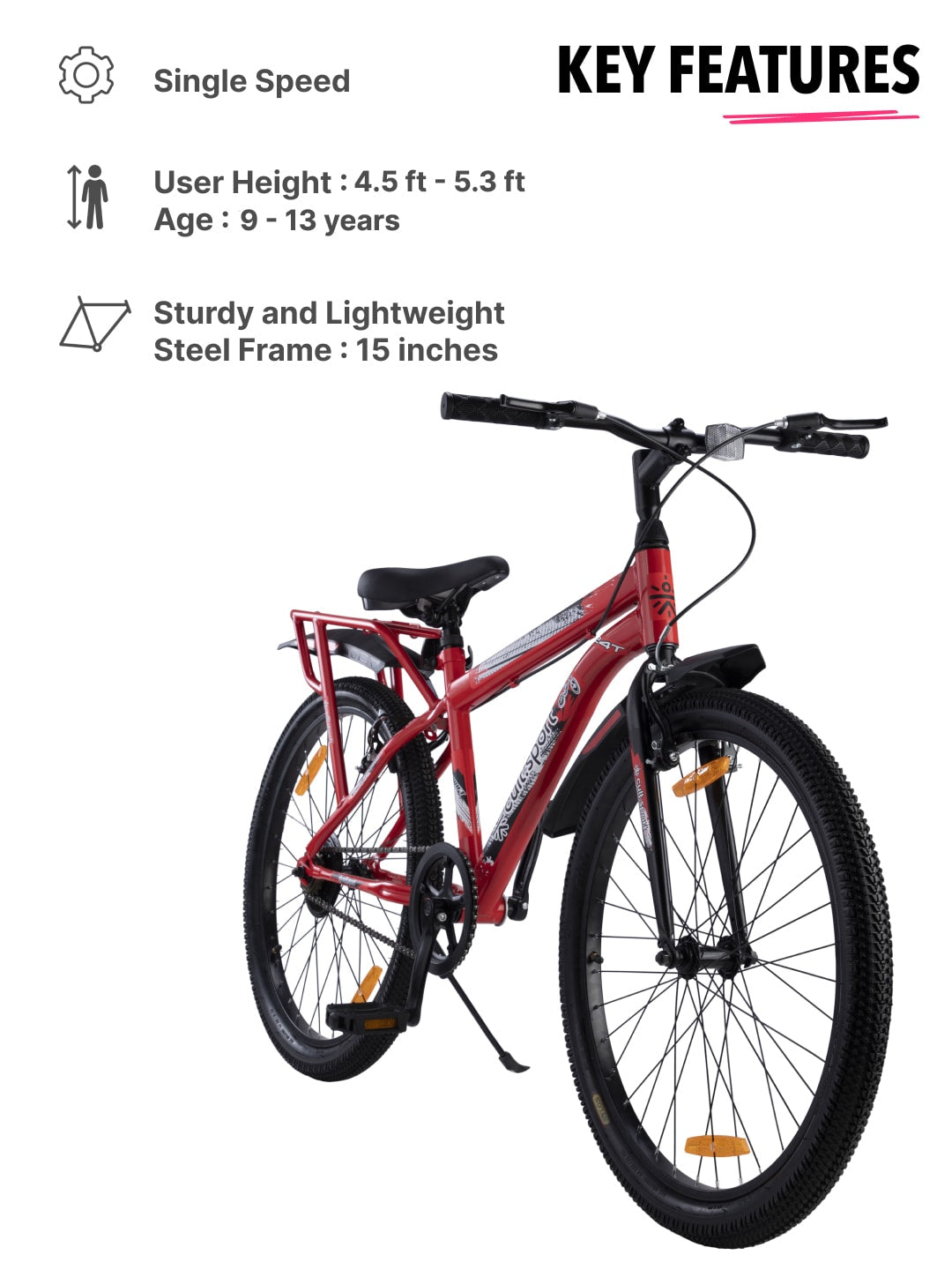 ROKKIBC24Red Steel Single Speed 24 inch Mountain Cycle with Single Wall Rim and Rigid Fork