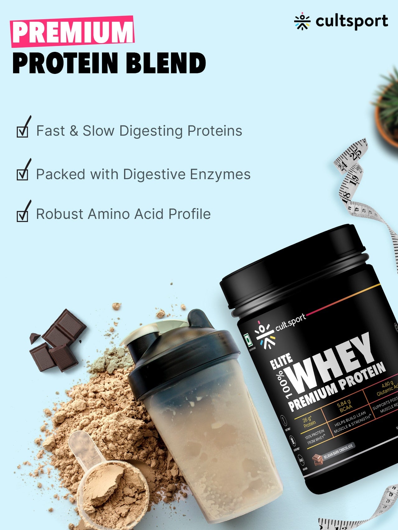 100% Whey Protein Premium Protein - 500g | Sugar free | Protein Powder for Men & Women for Muscle Support & Recovery | 25g Protein Per Serving | 2.5g BCAA, 3.9g Glutamic acid | Belgium Dark Chocolate