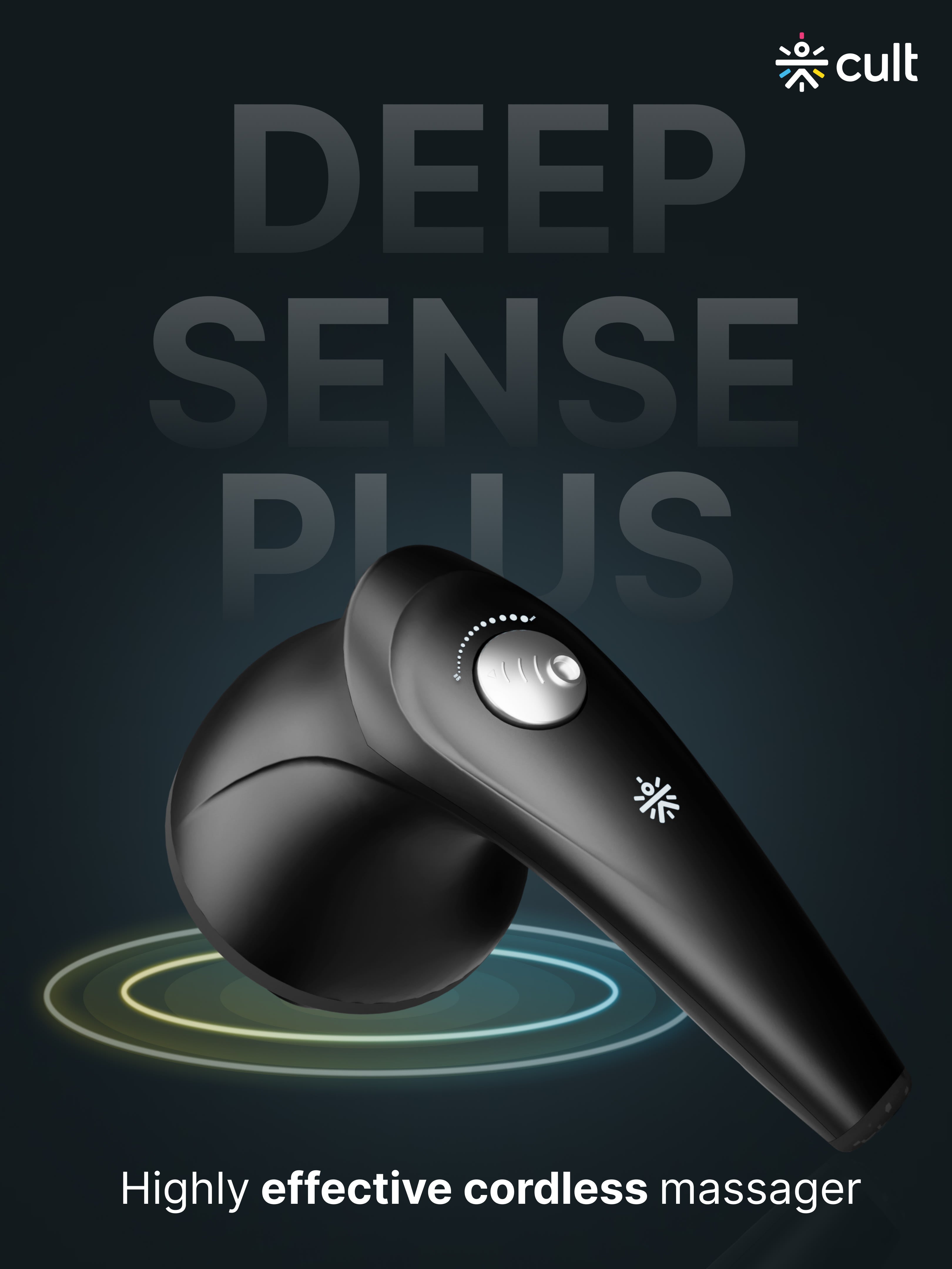 Cult Deep Sense Plus Cordless Electric Hammer Full Body Massager with 4 Interchangeable Heads +1 Protective Mesh Cover and Adjustable Speed Settings for Pain Relief and Relaxation.