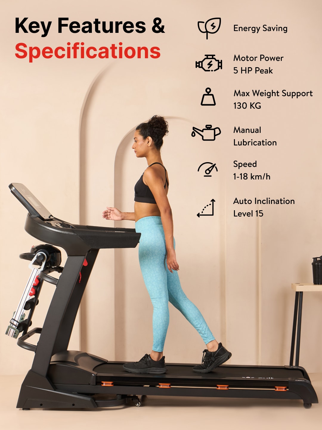 Cultrun M5 Multimode 5HP Peak Treadmill | 15-level Auto-Incline | Max Weight-130kg | Max Speed-18kmph (with 6 Months Extended Warranty)