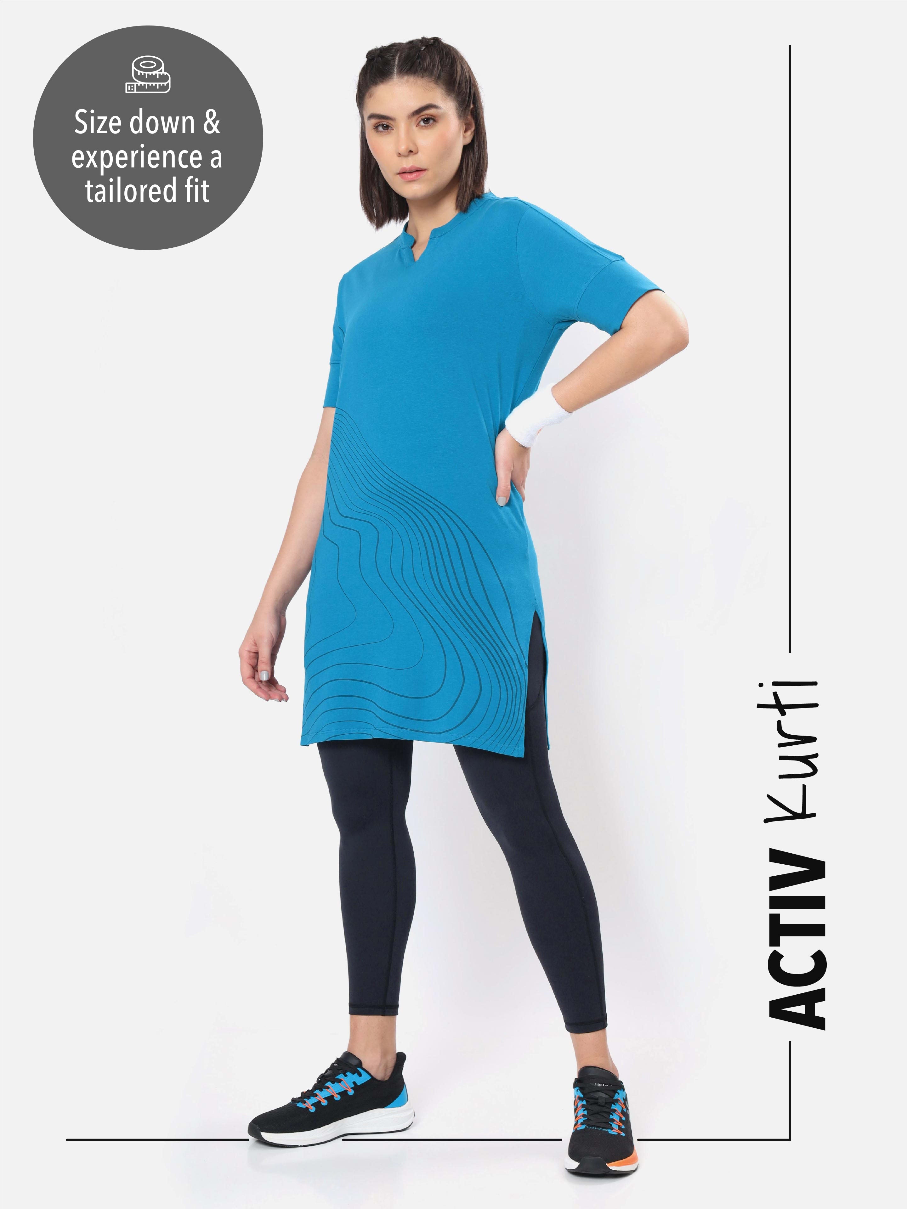 Printed Blue Activ-Kurti with Side Pocket For Women