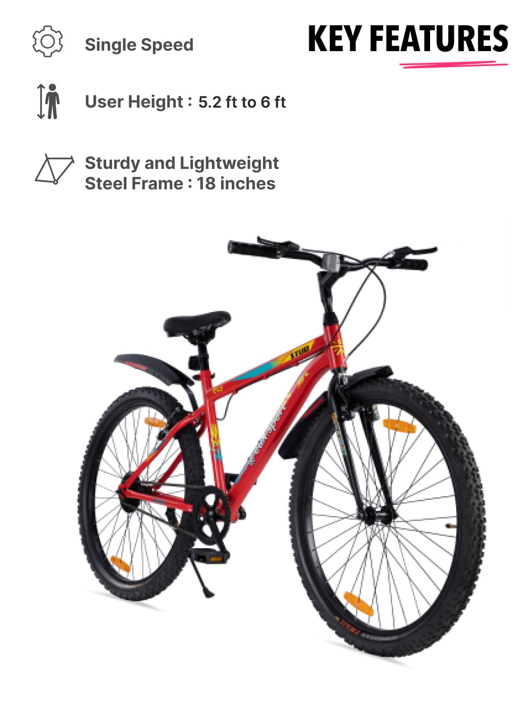 STUDPRO27.5TRED Steel Single Speed 27.5 inch Mountain Cycle with Single Wall Rim and Rigid Fork