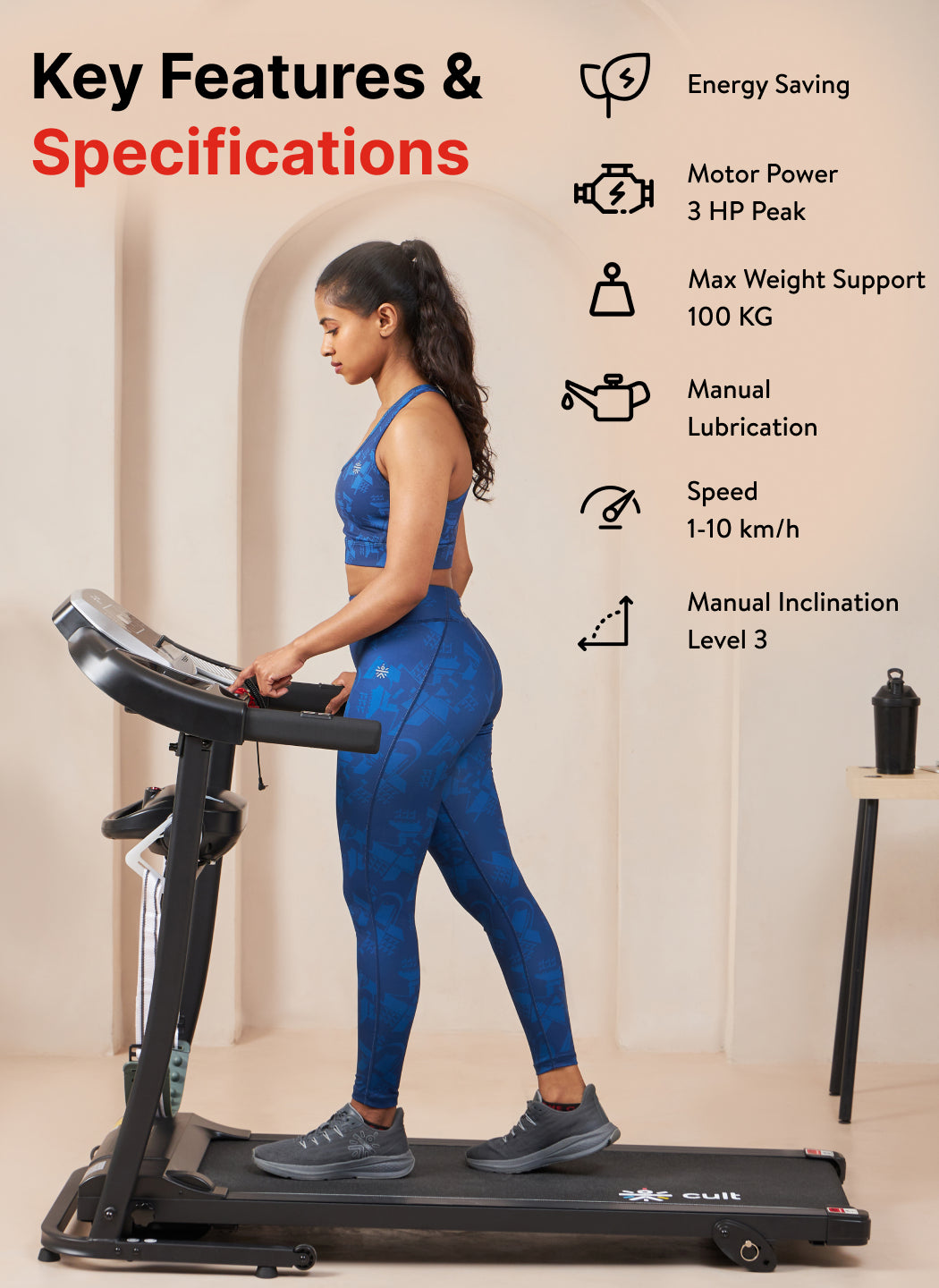 Cultrun M3.0 3HP Peak Treadmill | 3-level Manual-Incline | Max Weight-100kg | Max Speed-10 kmph (with 6 months extended warranty)