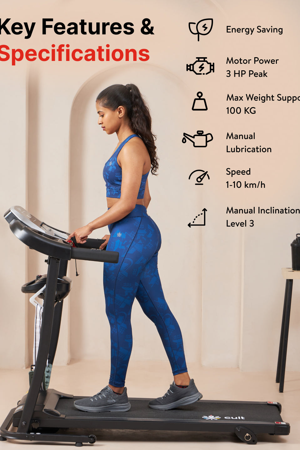 Cultrun M3.0 3HP Peak Treadmill | 3-level Manual-Incline | Max Weight-100kg | Max Speed-10 kmph (with 6 months extended warranty)