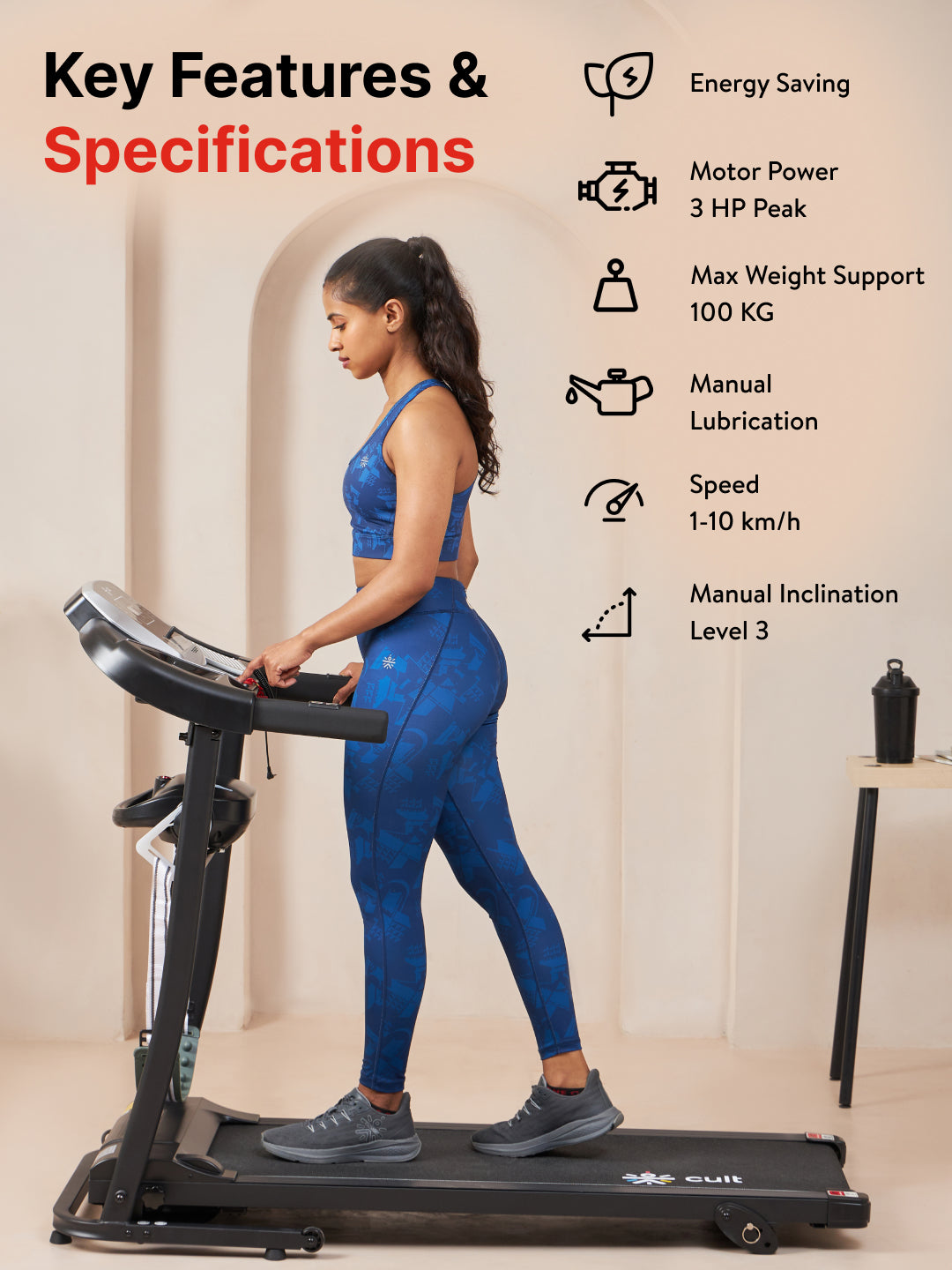 Cultrun M3.0 3HP Peak Treadmill | 3-level Manual-Incline | Max Weight-100kg | Max Speed-10 kmph (with 6 months extended warranty)