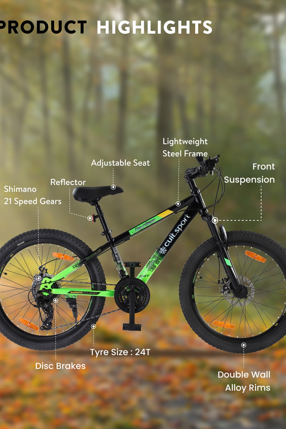 DAUNTLESS21S24TBLACKGREEN Steel 21 Speed Shimano Gear 24 inch Mountain Cycle, Dual Disc Brake, Front Suspension, Double Wall Rim