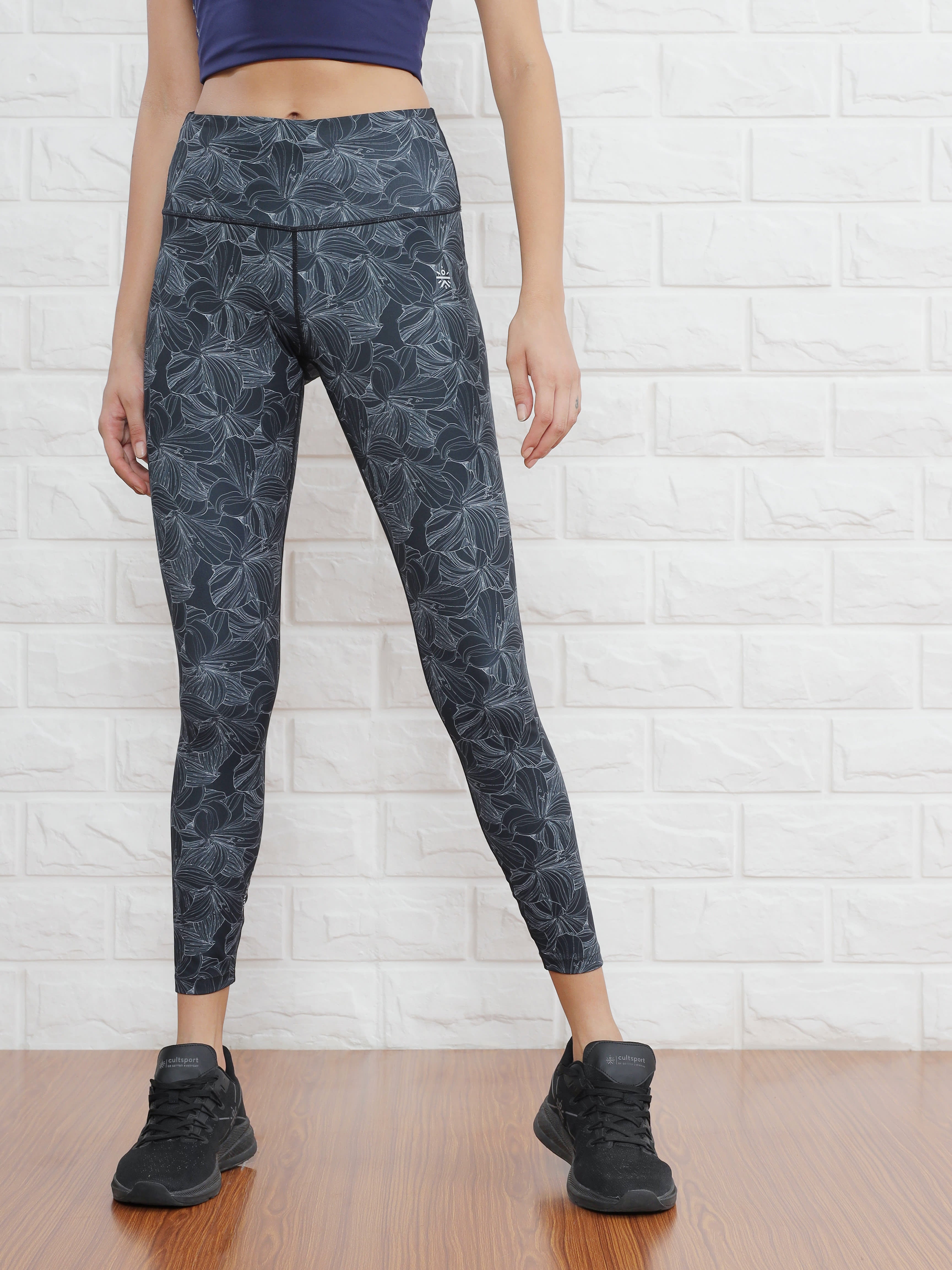 Floral Black Absolute Fit Tights with Side Pocket