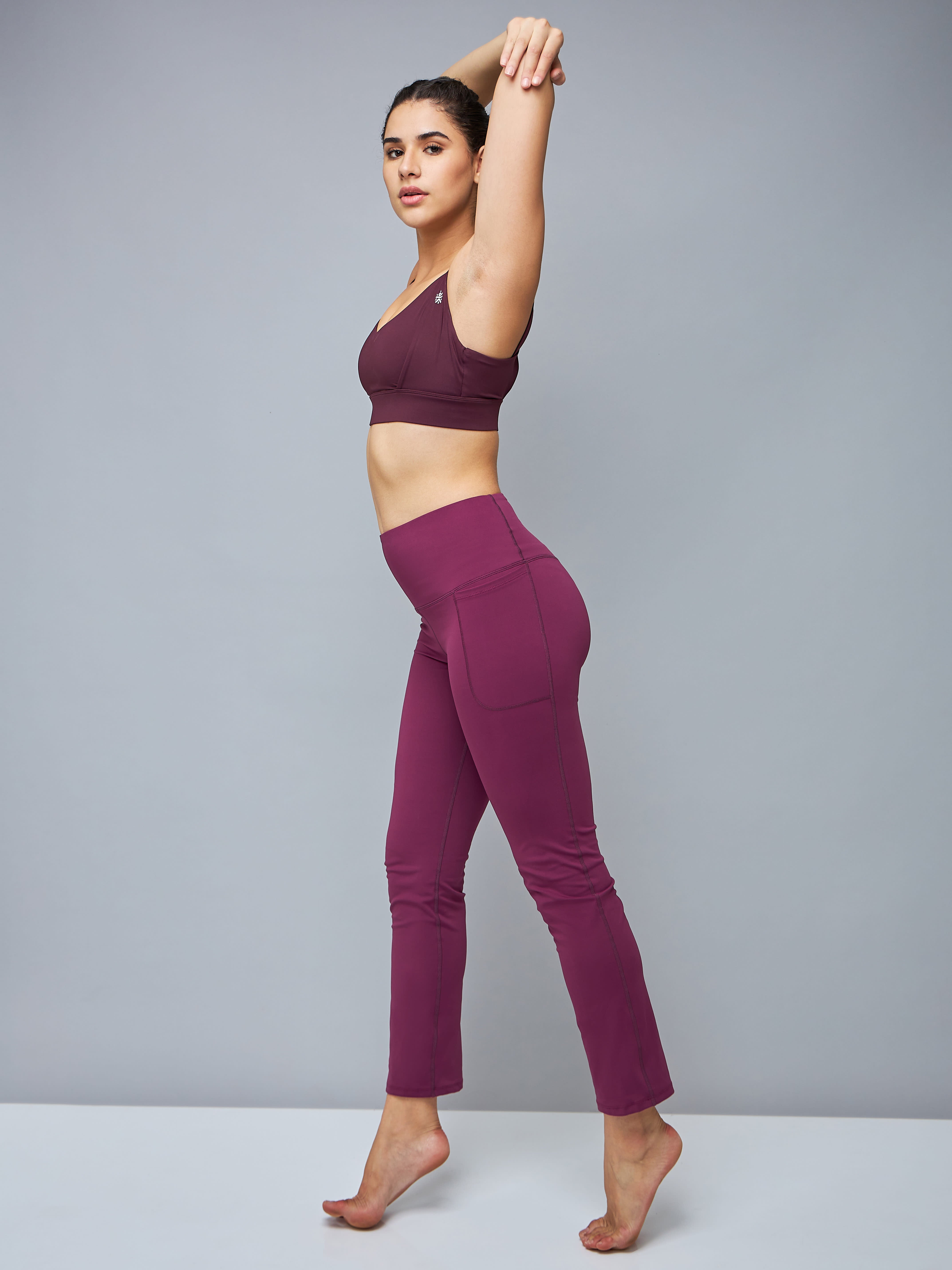 Wine Solid High Waist Straight Pants with Pockets for Women