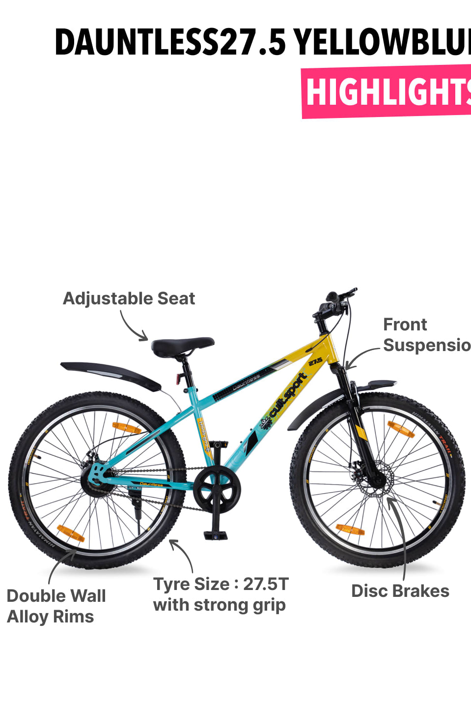 DAUNTLESS27.5TYELLOWBLUE Steel Single Speed 27.5 inch Mountain Cycle with Front Suspension, Double Wall Rim and Dual Disc Brake