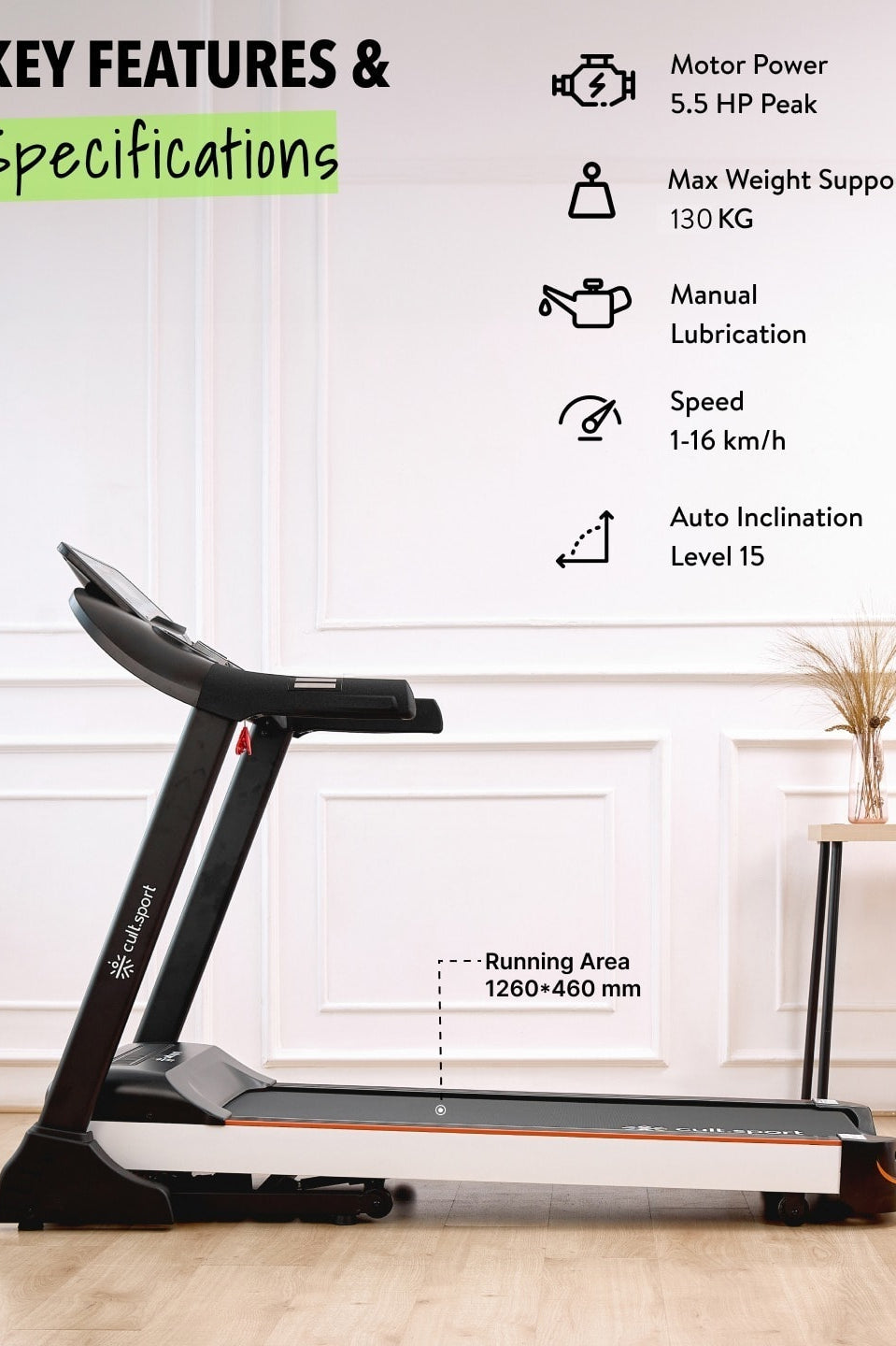 Smartrun Carson 5.5 HP Peak Treadmill | 15-level Auto-Incline | Max Weight-130kg | Max Speed-16kmph (with 6 Months Extended Warranty)