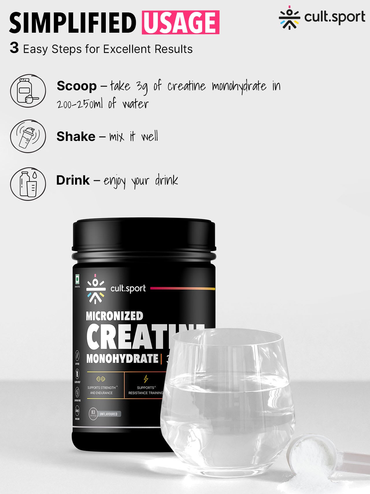 Cultsport Creatine Monohydrate 250 g | Micronised | 100% Vegetarian | Unflavoured | Dairy-Free | Gluten-Free