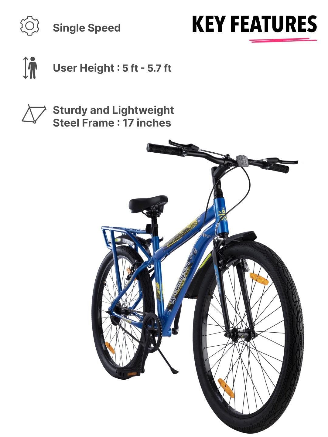 ROKKIBC26Blue Steel Single Speed 26 inch Mountain Cycle with Single Wall Rim and Rigid Fork