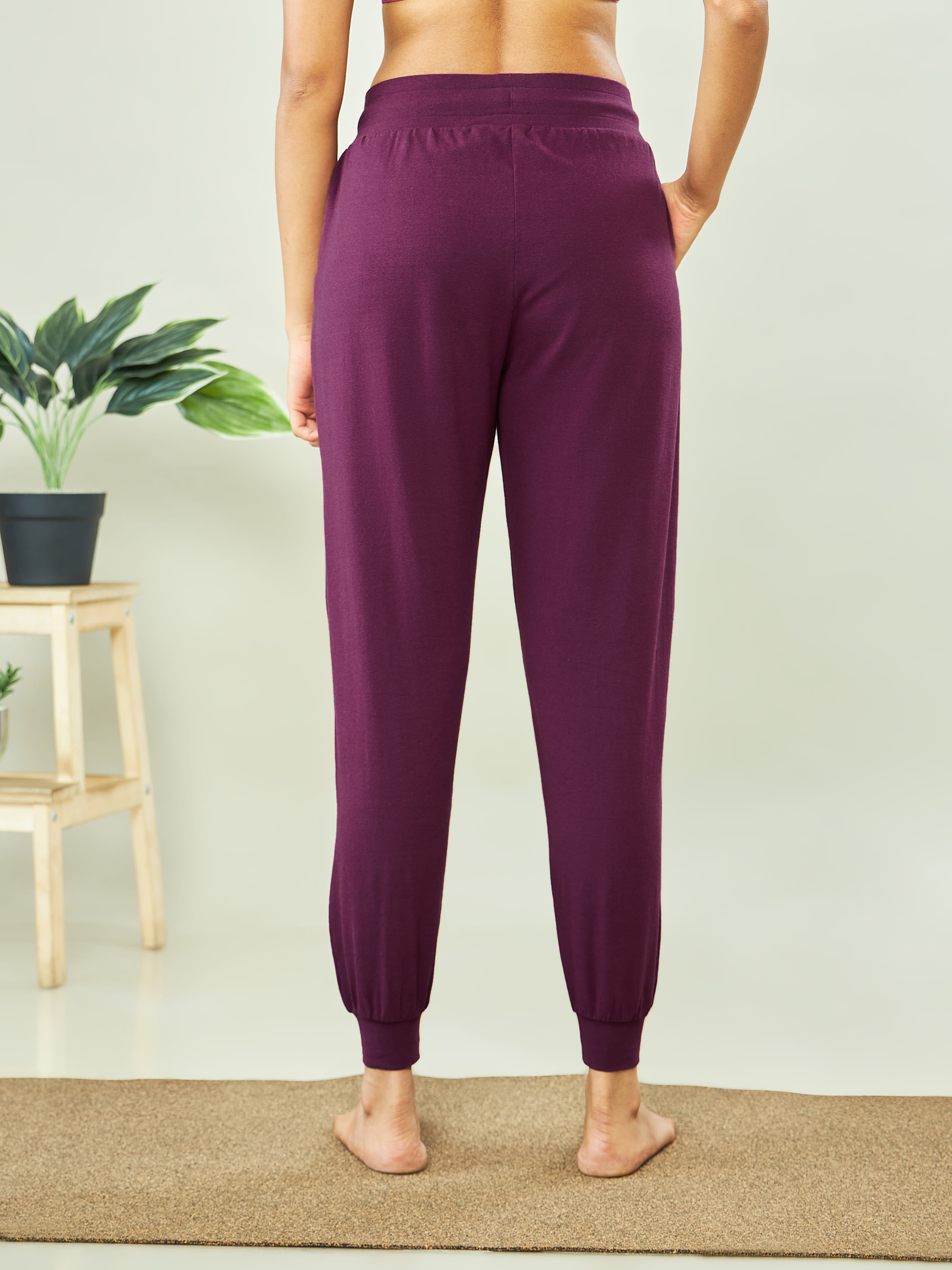 Women Wine Solid Active Joggers with Pockets