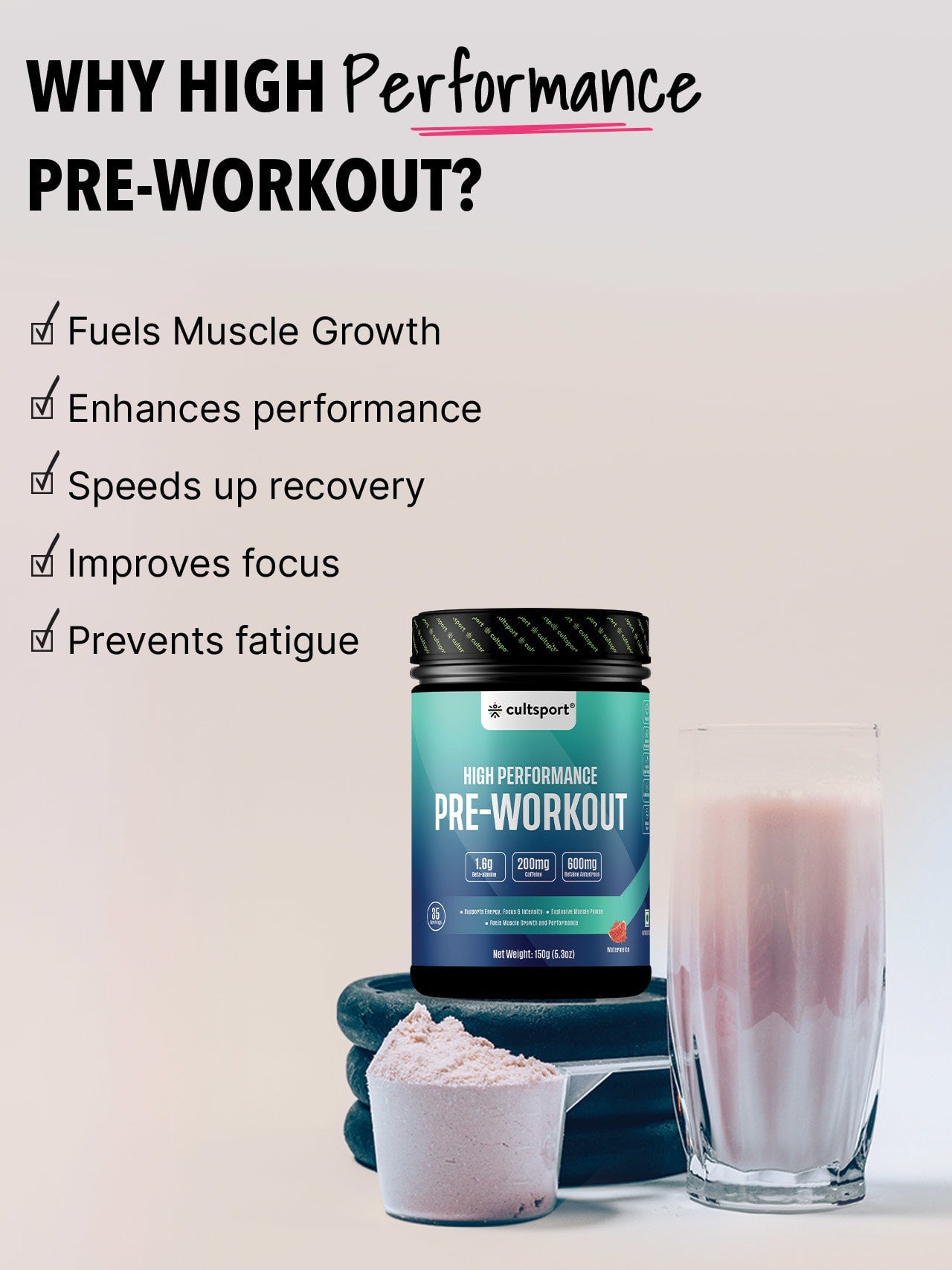 High Performance Pre Workout Powder, 150g | Sugar Free | Sustained Energy Releaseing Blend for Men & Women (Caffeine+Beta Alanine+Creatine Monohydrate), 35 Servings Watermelon Falvour