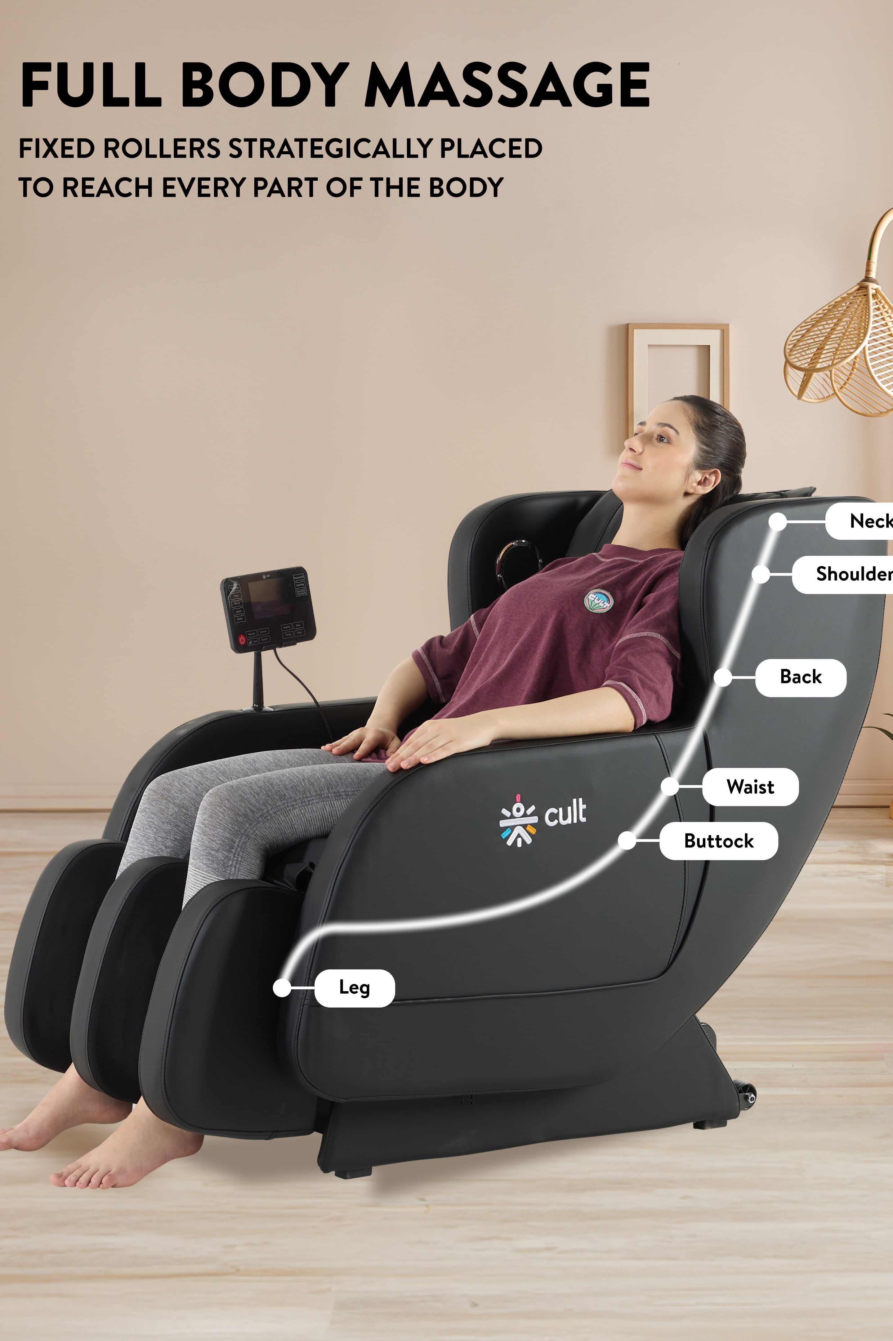 Cult BlissBlack Massage Chair with Fixed Point Massage Technique and Bluetooth AI Voice Function for Full Body Massage At Home