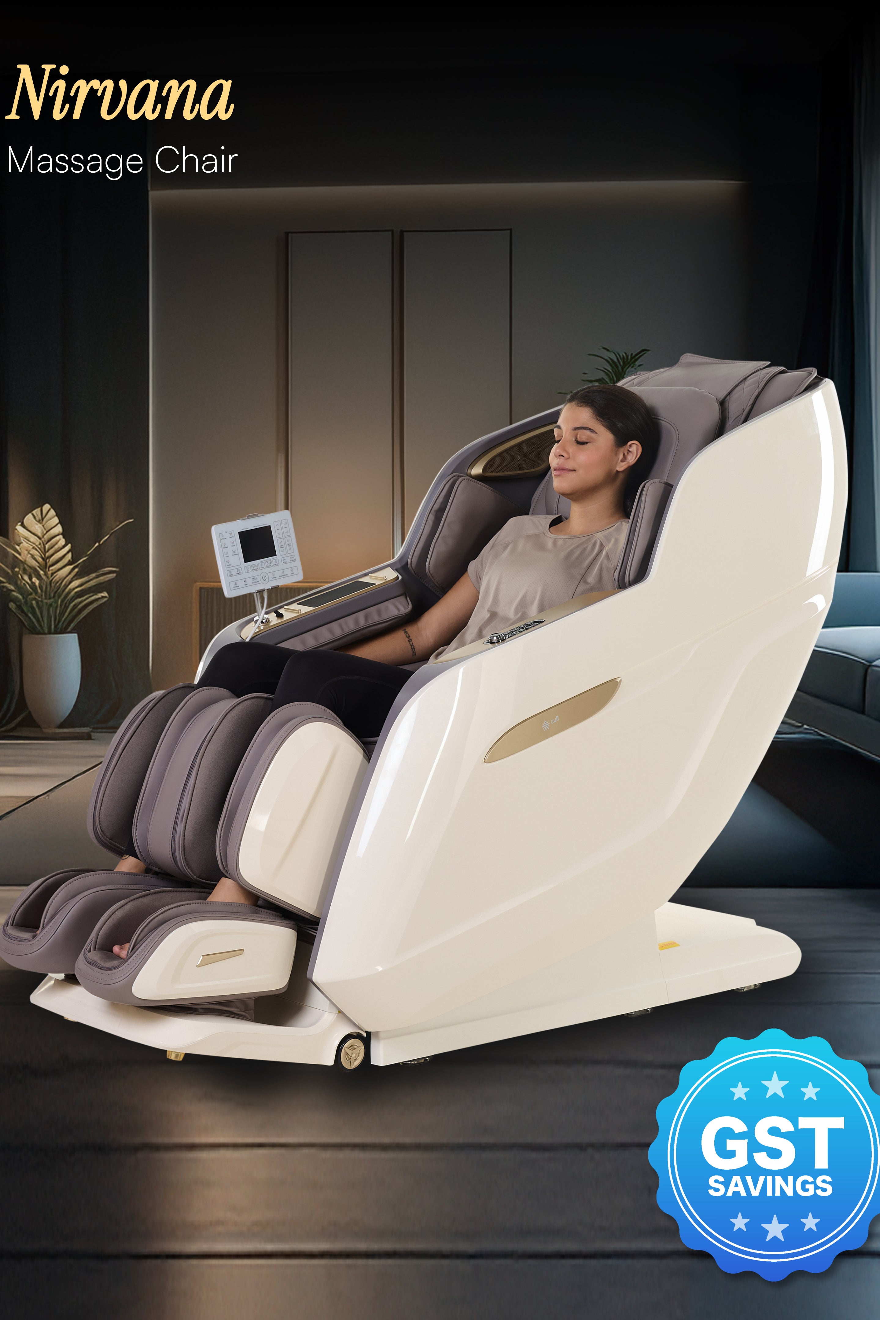 Cult Nirvana Advanced 4D Massage Chair with Leg Massager | Extended SL Track | 22 Auto Programs | Waist Heating | Zero-Gravity | AI Voice Control (Beige & White) - (6 Months extended Warranty)