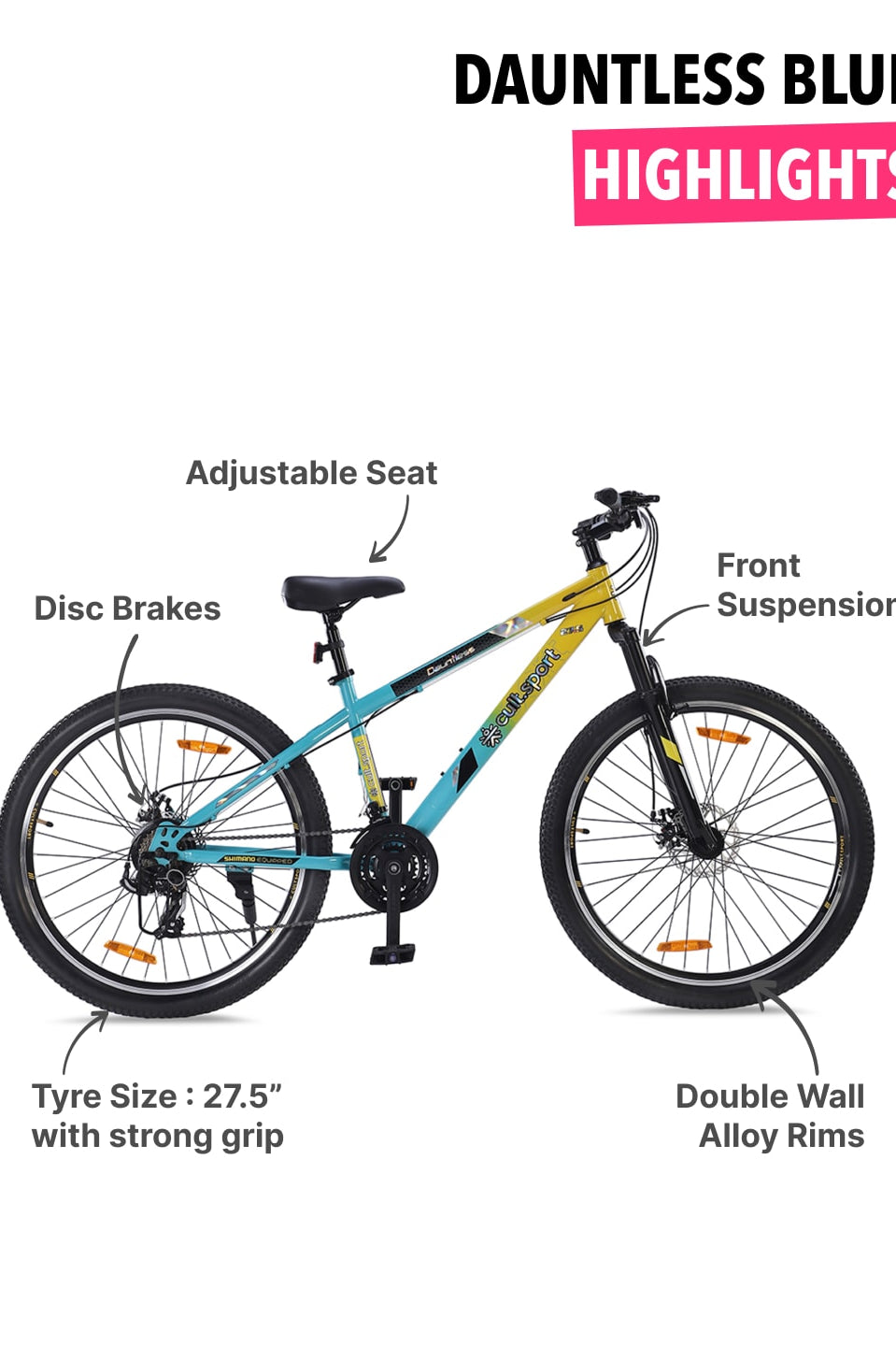 DAUNTLESS21S27.5TYELLOWBLUE Steel 21 Speed Shimano Gear 27.5 inch Mountain Cycle, Dual Disc Brake, Front Suspension and Double Wall Rim