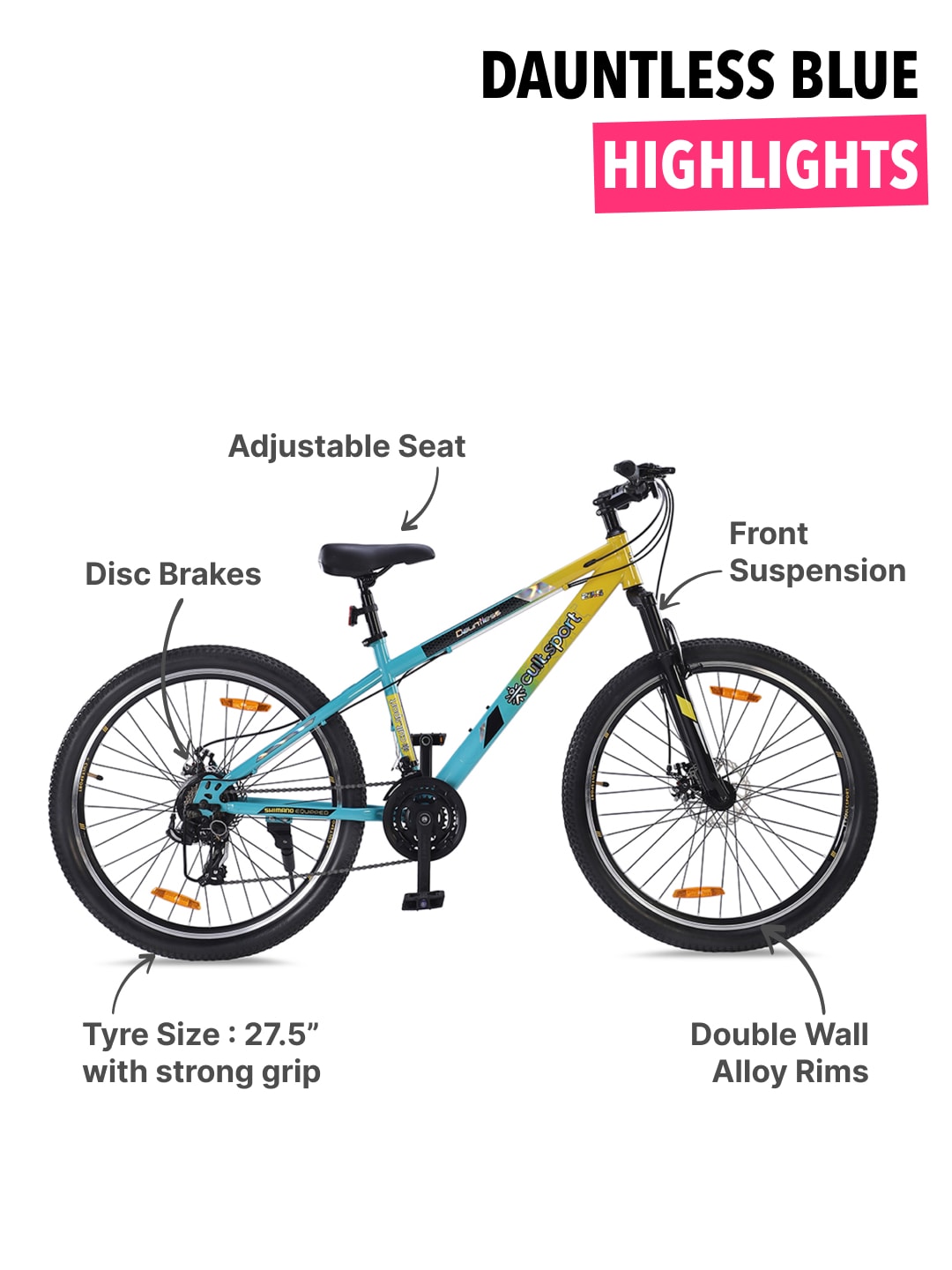 DAUNTLESS21S27.5TYELLOWBLUE Steel 21 Speed Shimano Gear 27.5 inch Mountain Cycle, Dual Disc Brake, Front Suspension and Double Wall Rim