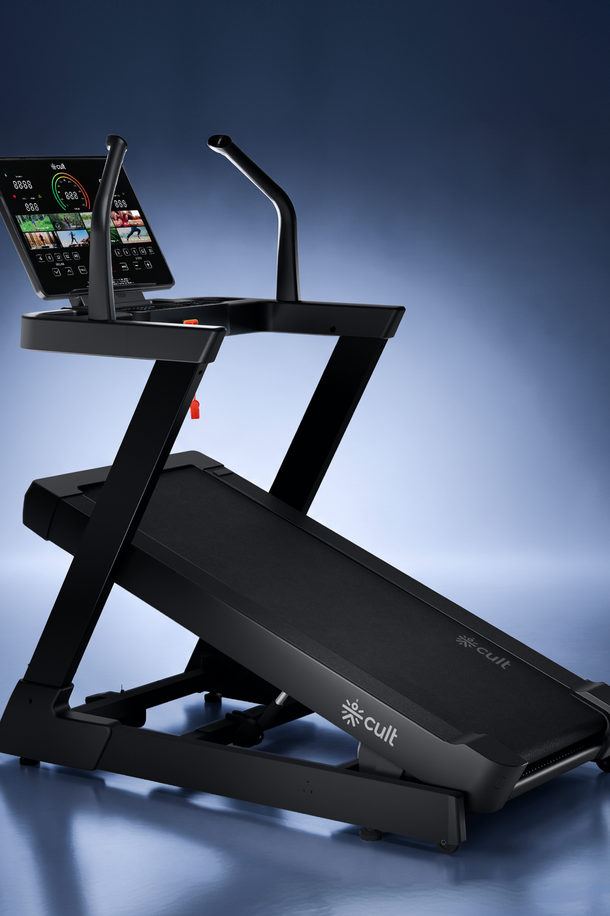 Cult Optima Motorized Treadmill | 48 Levels Incline & 6 Level Decline| Max Speed - 22 km/hr | Max Weight - 150kgs | Shock Absorption for Knee Protection | LED Touchscreen | Wireless Charging | Black