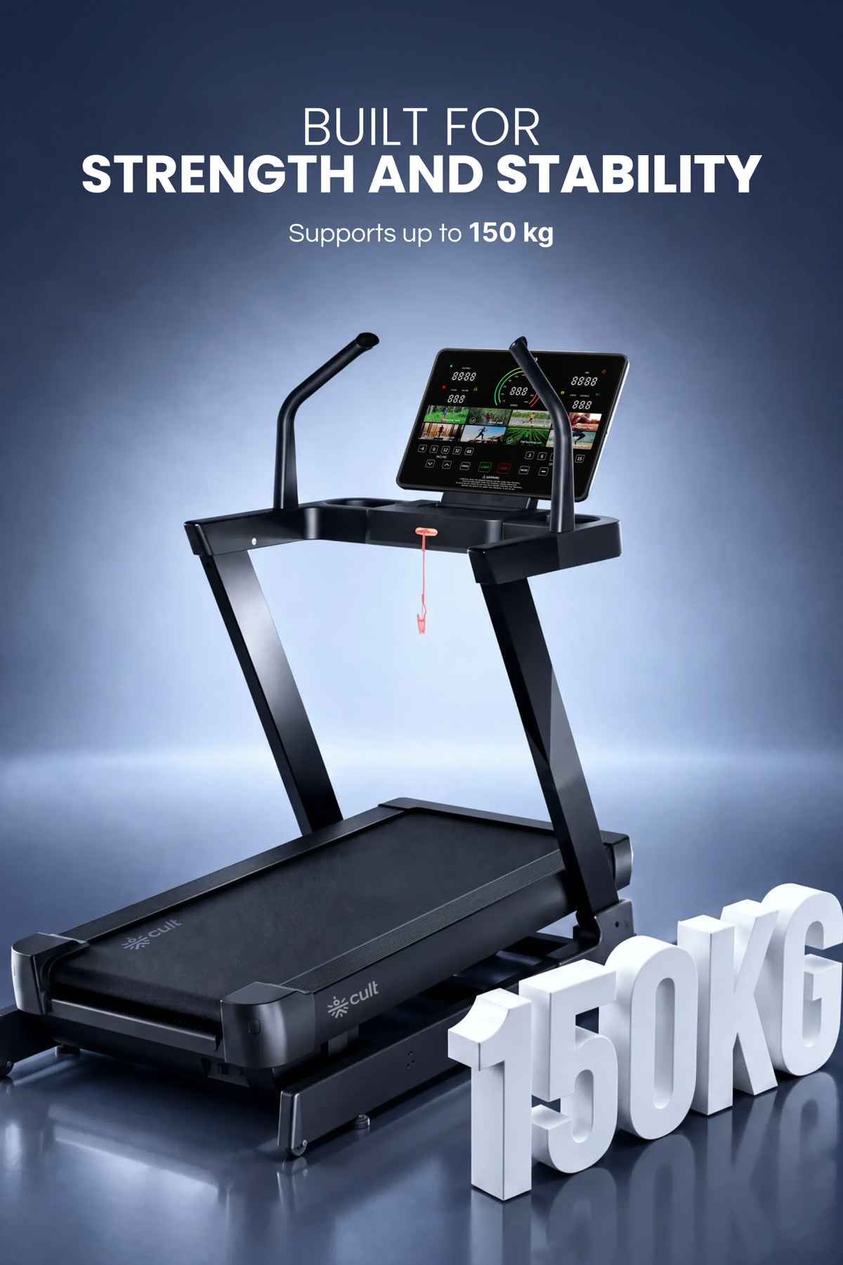 Cult Optima Motorized Treadmill | 48 Levels Incline & 6 Level Decline| Max Speed - 22 km/hr | Max Weight - 150kgs | Shock Absorption for Knee Protection | LED Touchscreen | Wireless Charging | Black