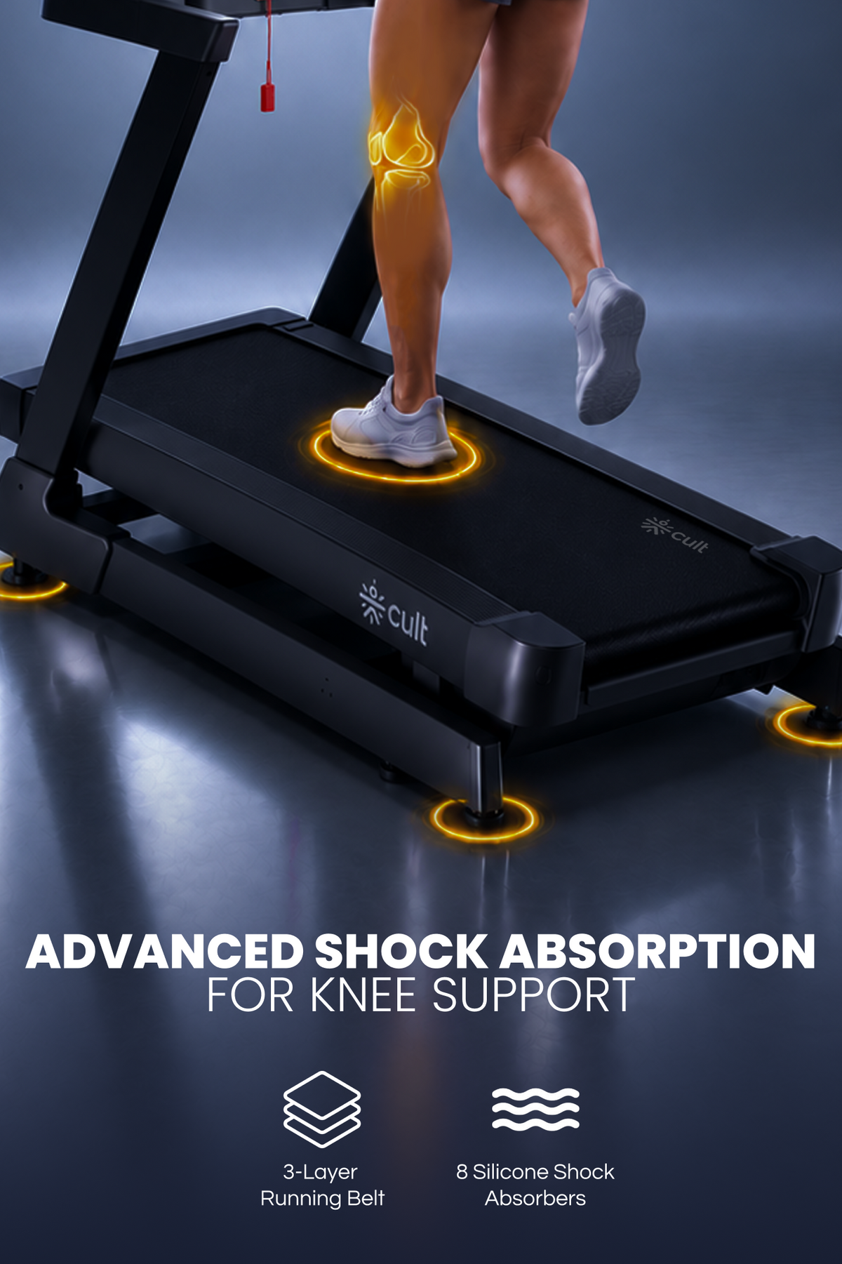 Cult Optima Motorized Treadmill | 48 Levels Incline & 6 Level Decline| Max Speed - 22 km/hr | Max Weight - 150kgs | Shock Absorption for Knee Protection | LED Touchscreen | Wireless Charging | Black