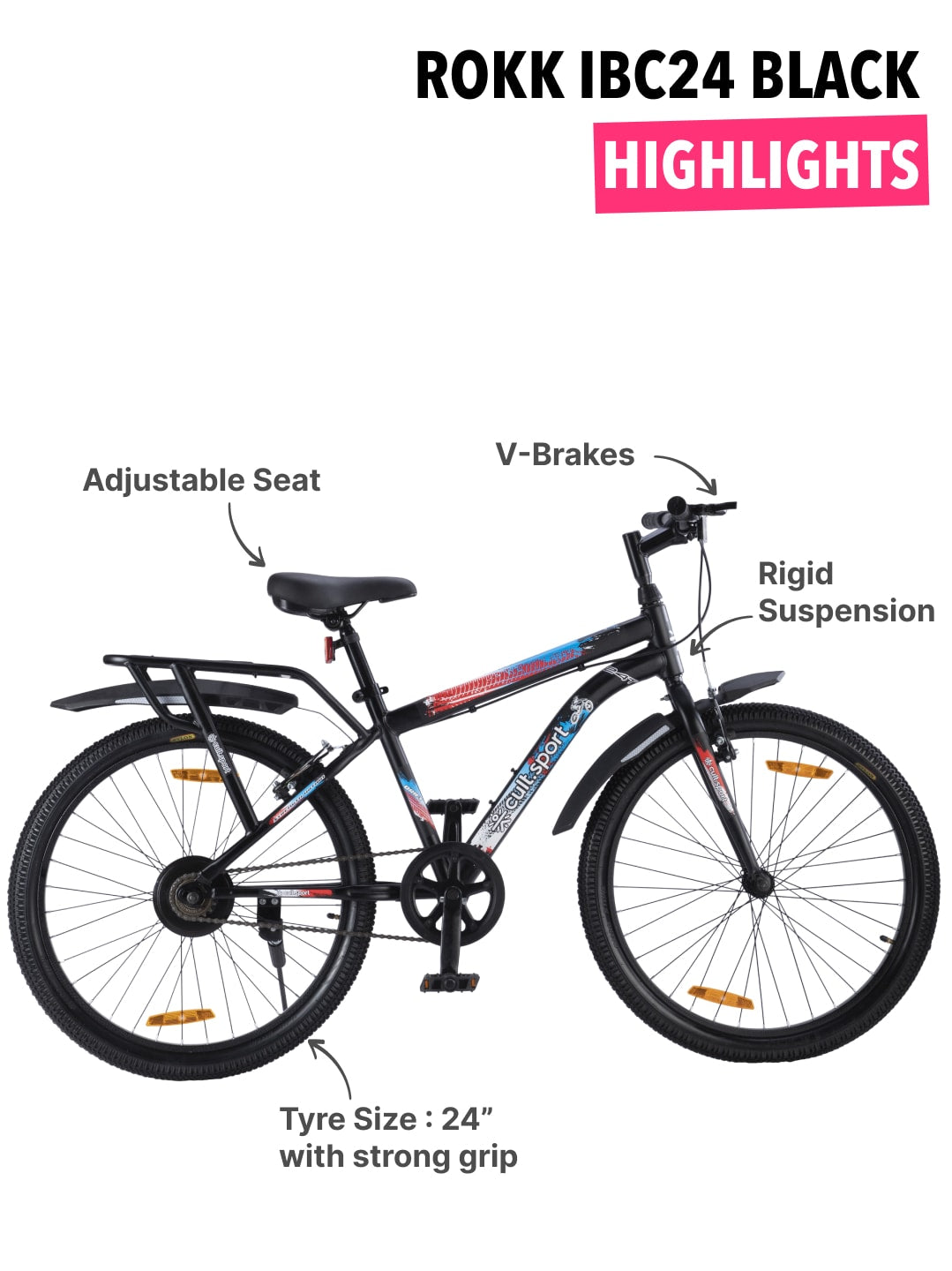 ROKKIBC24Black Steel Single Speed 24 inch Mountain Cycle With Single Wall Rim and Rigid Fork