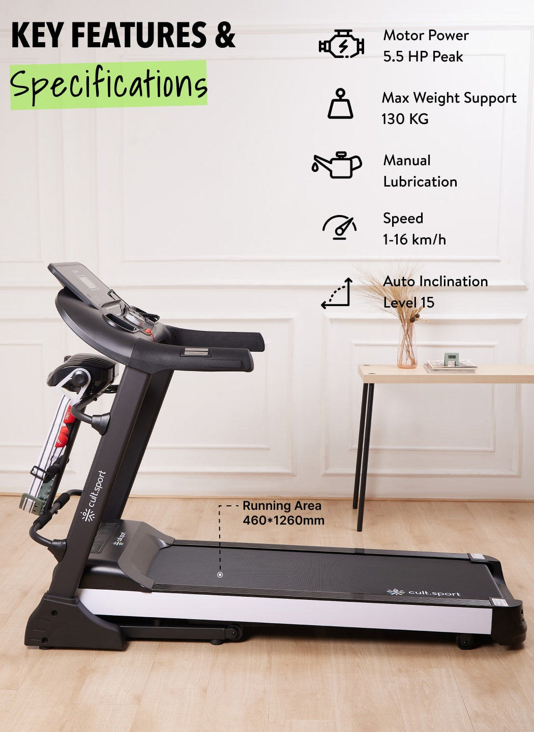 Smartrun Canoas 5.5 HP Peak Treadmill | 15-level Auto-Incline & Massager | Max Weight-130kg | Max Speed-16kmph (with 6 Months Extended Warranty)