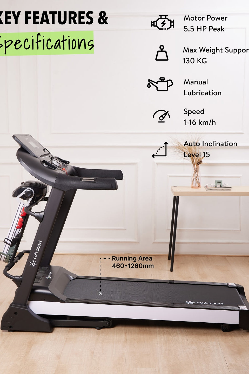 Smartrun Canoas 5.5 HP Peak Treadmill | 15-level Auto-Incline & Massager | Max Weight-130kg | Max Speed-16kmph (with 6 Months Extended Warranty)