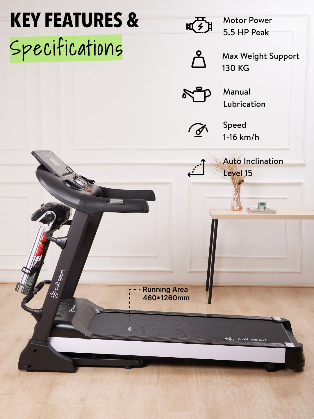 Smartrun Canoas 5.5 HP Peak Treadmill | 15-level Auto-Incline & Massager | Max Weight-130kg | Max Speed-16kmph (with 6 Months Extended Warranty)