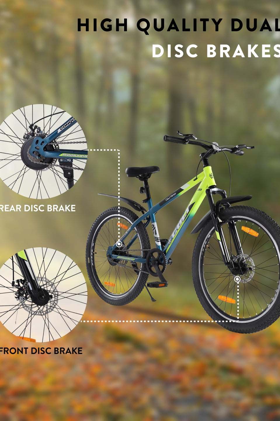 DAUNTLESS26TGREENBLUE Steel Single Speed 26 inch Mountain Cycle, Dual Disc Brake, Front Suspension, Double Wall Rim