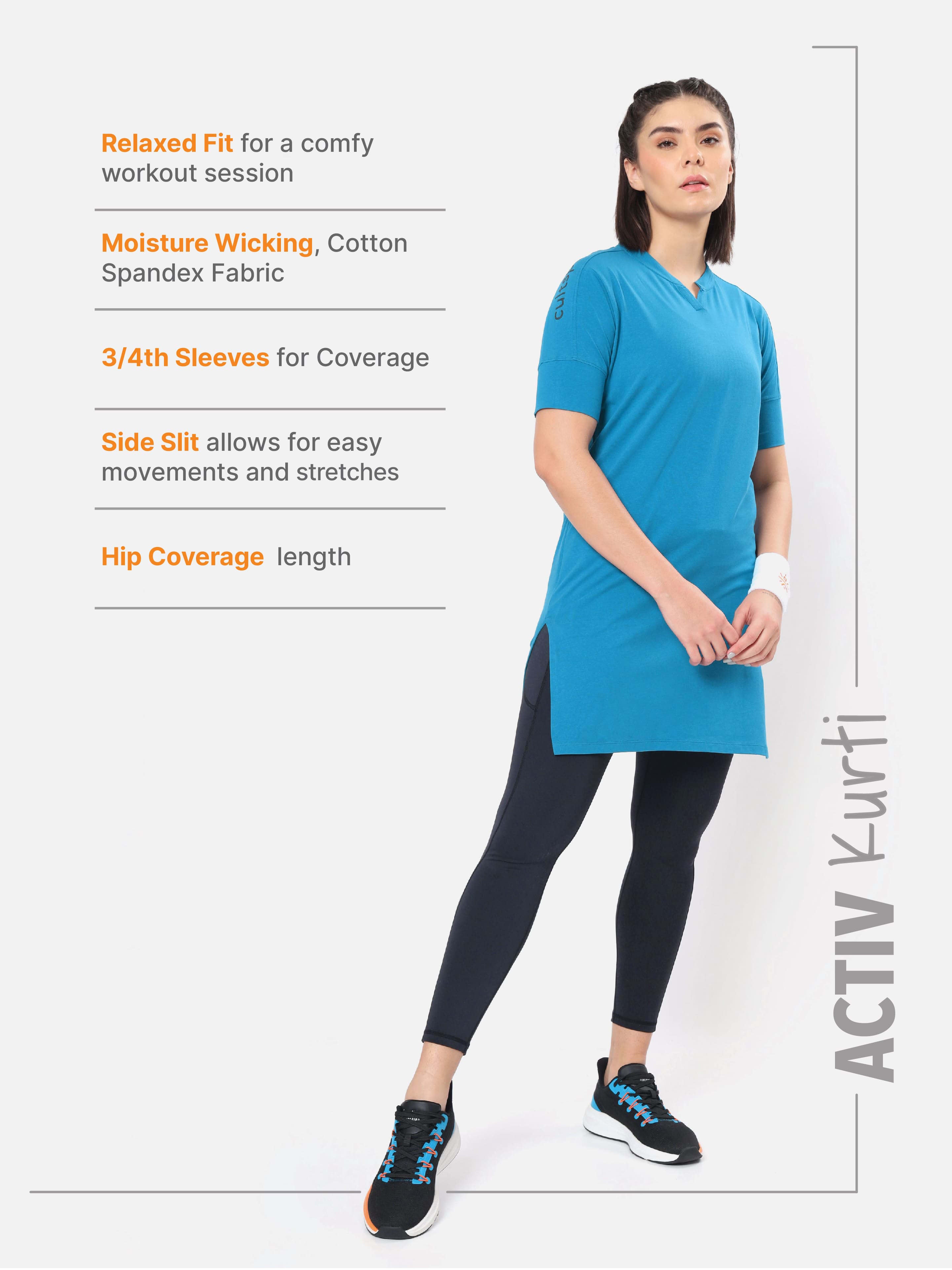 Women Solid Blue Activ-Kurti with Side Pocket