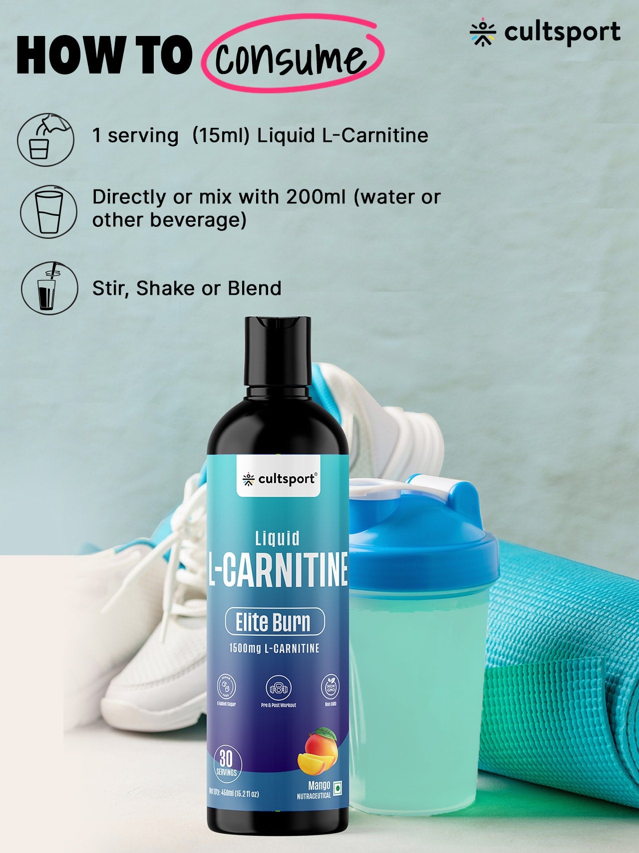 Liquid L Carnitine (450 ml) 1500mg with Vitamin B5 | Improves Energy, Fat Burner | Metabolism & Weight Management Supplement | Sugar-Free | Mango Flavour (15 ml serving)