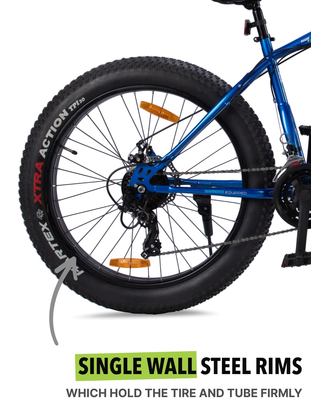 Monstro26T21SBlUE Steel 21 Speed Shimano Gear 26 inch Fat Bike, Front Suspension, Single Wall Rim and Dual Disc Brake,