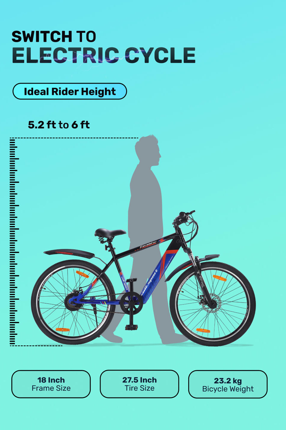ESCALATOR 27.5T BLUE with 250W BLDC Motor| 4 Hours Fast Charge| 7.8 Ah Li-ion Battery| Up to 35 Km| 27.5 Inches Wheels| Single Speed Electric Cycle | Ideal for 15+ Years