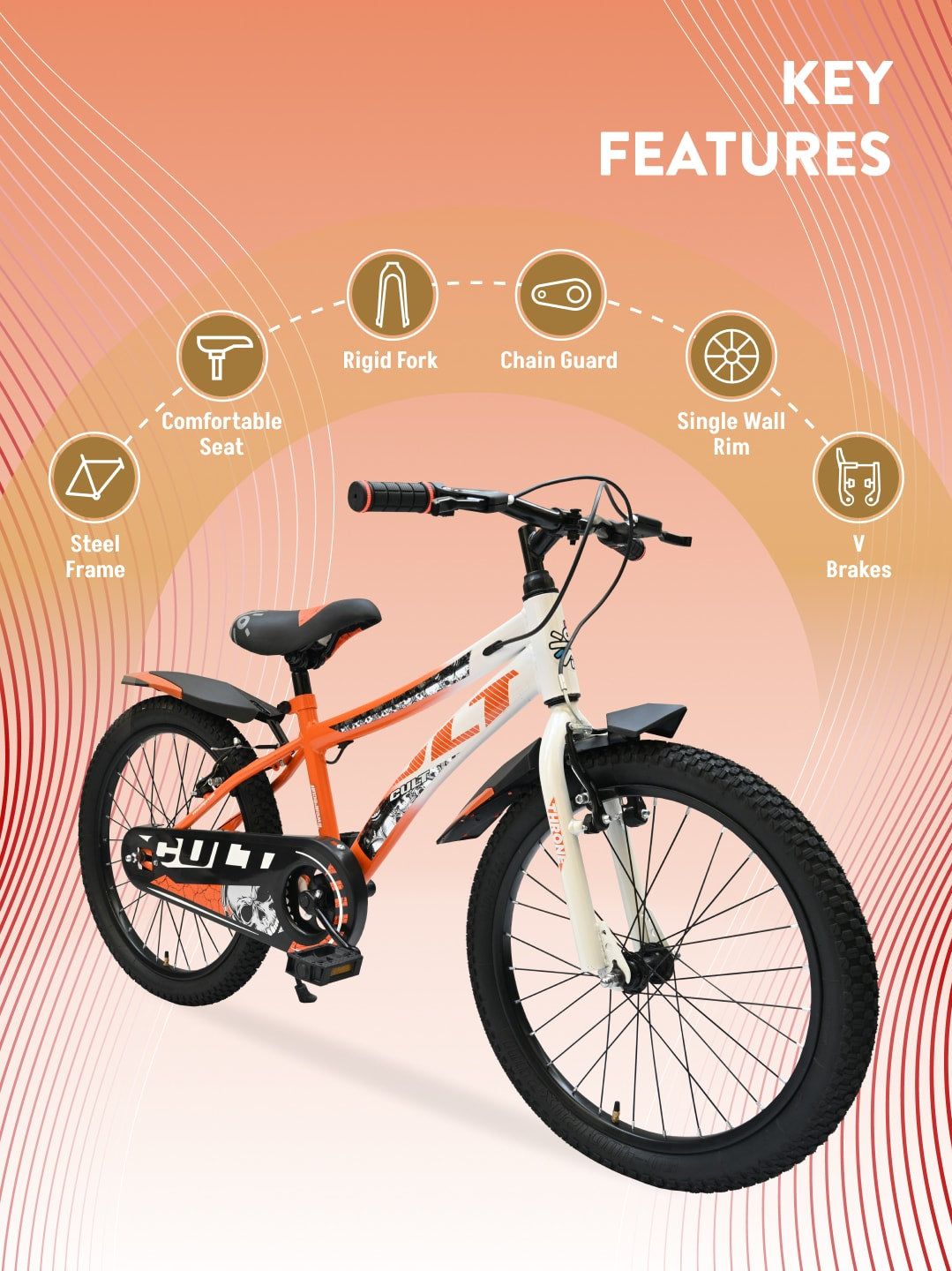 Throne 20T Steel Kids Bike with Rigid Fork, Single Wall Rim, V brakes and Chain Guard Orange White