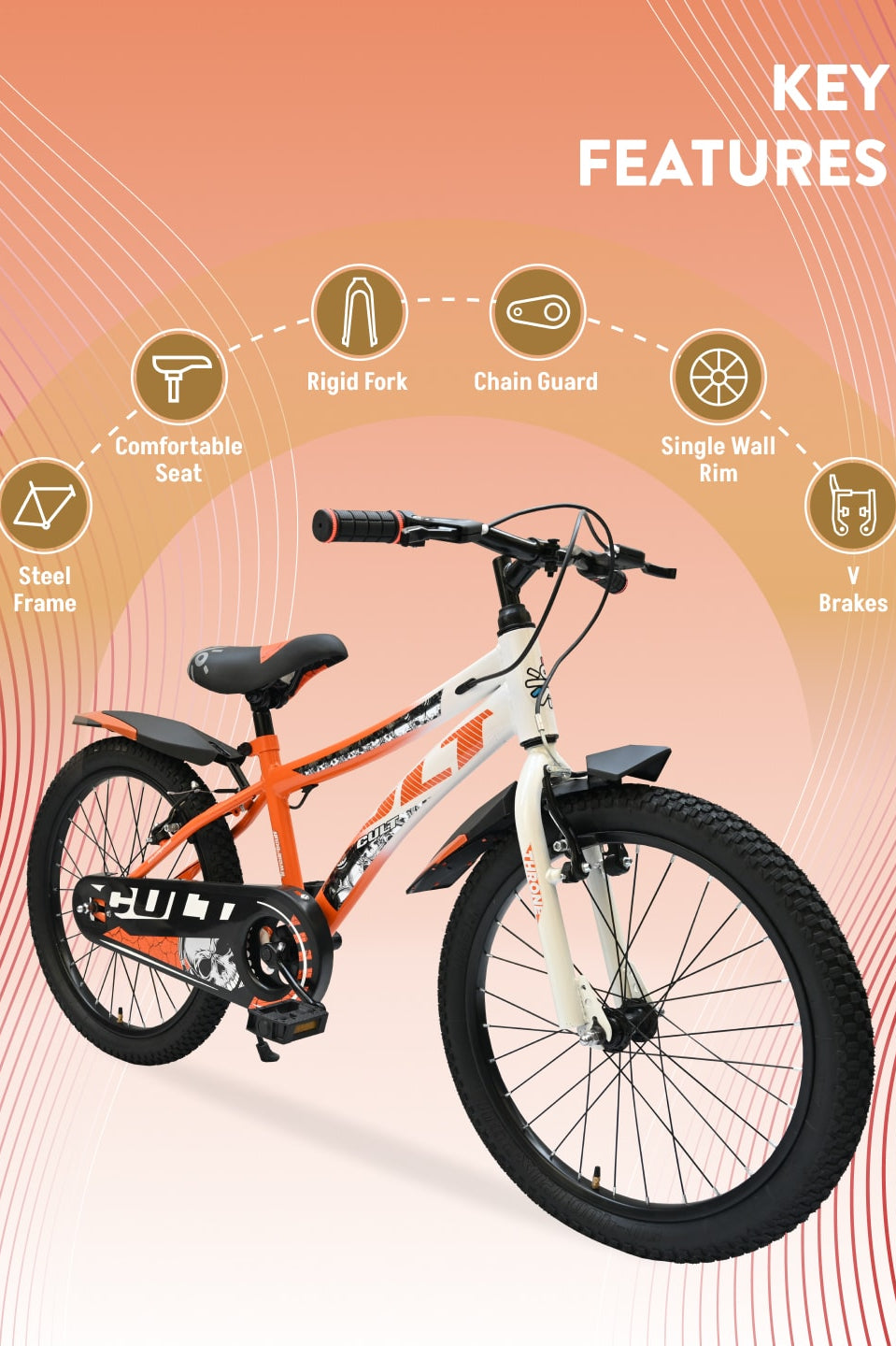 Throne 20T Steel Kids Bike with Rigid Fork, Single Wall Rim, V brakes and Chain Guard Orange White