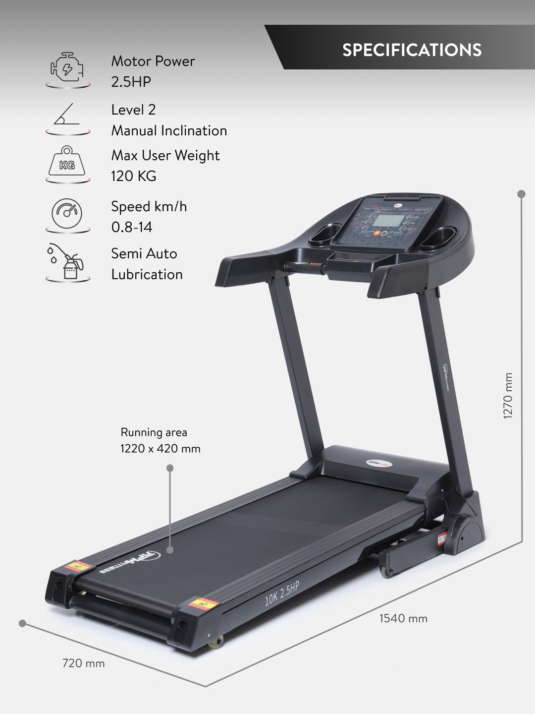 10K 2.5HP DC Treadmill | 2-level Manual-incline | Max Speed-14kmph | Max Weight-120kg (with 6 months extended warranty)