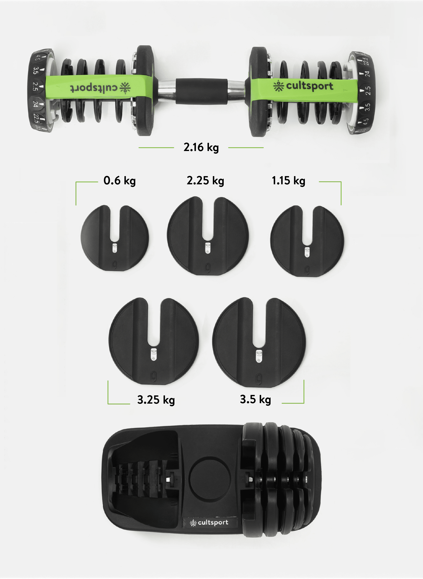 24 kg Compact Adjustable Dumbbell (2.5kg to 24kg), Easy Weight Change: 15-in-1 (1 piece) (6 Months extended Warranty only on Cultsport.com)