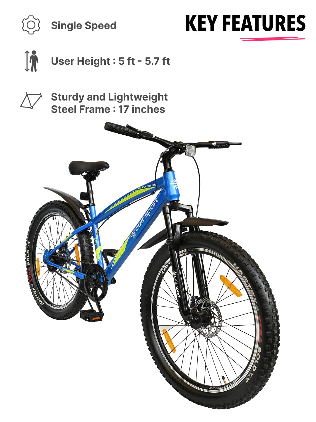 GTX30026TBLUE Steel Single Speed 26 inch Mountain Cycle, Front Suspension and Double Wall Rim