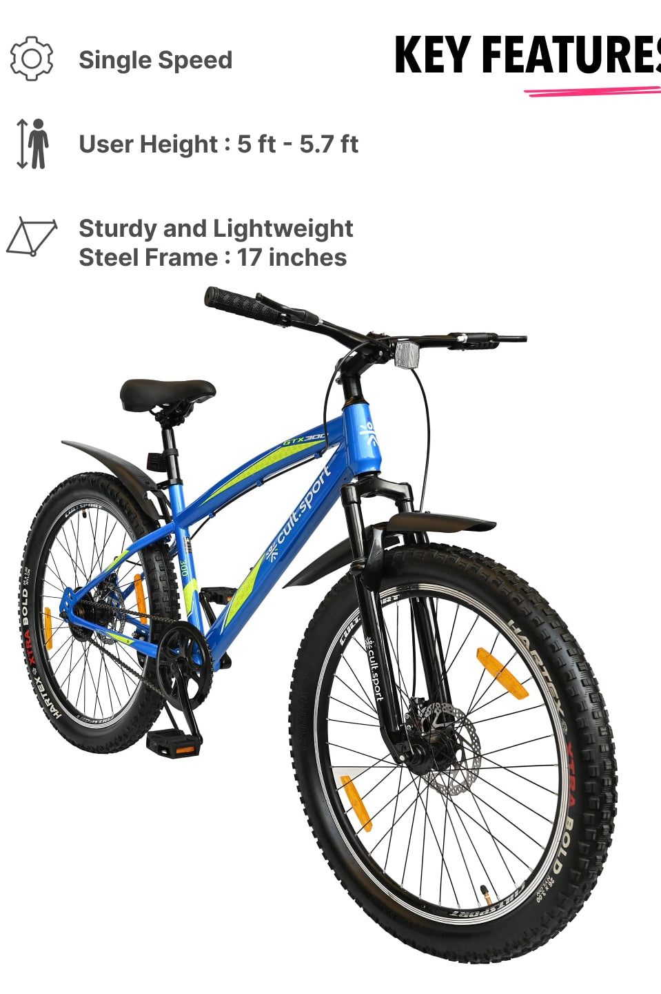 GTX30026TBLUE Steel Single Speed 26 inch Mountain Cycle, Front Suspension and Double Wall Rim
