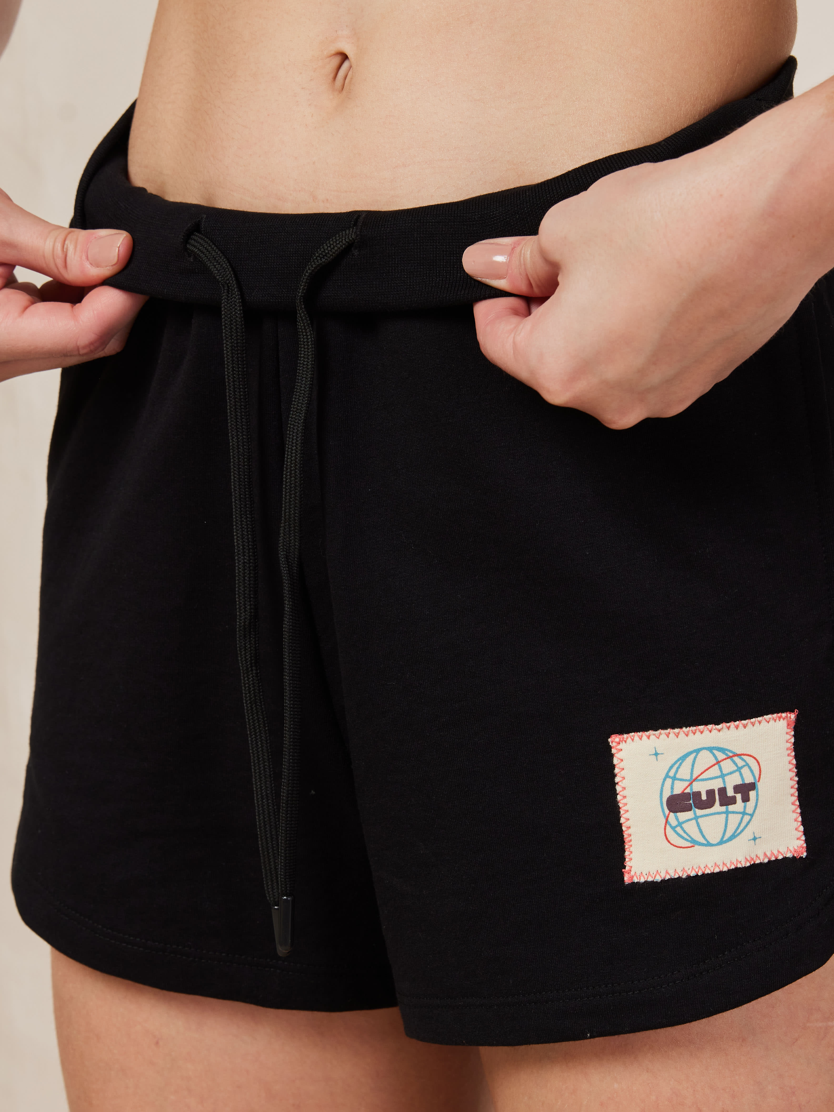Women's Black Cult Printed Patch Shorts