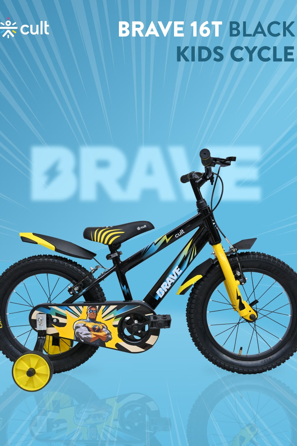 Brave 16T Black Steel Kids Bike with Single Wall Rim, Rigid Fork and Free Trainer Sessions and Cycling Event