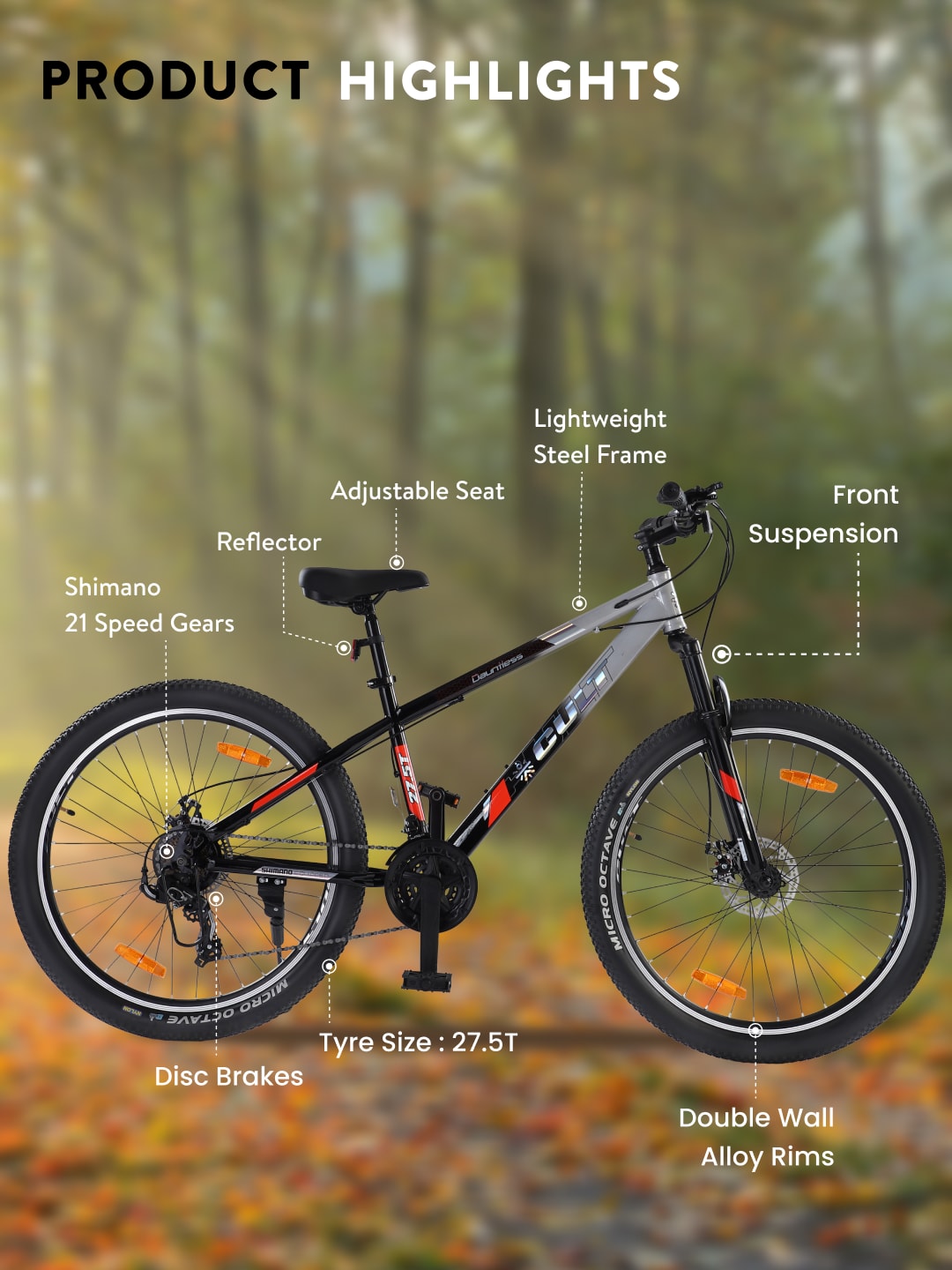 DAUNTLESS21S27.5TSILVERBLACK Steel 21 Speed Shimano Gear 27.5 inch Mountain Cycle, Dual Disc Brake, Front Suspension, Double Wall Rim