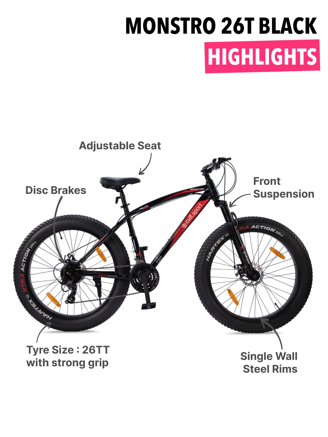 Monstro 26T Fat Bike – 21 Speed Shimano Gear, Front Suspension, Dual Disc Brake, Black