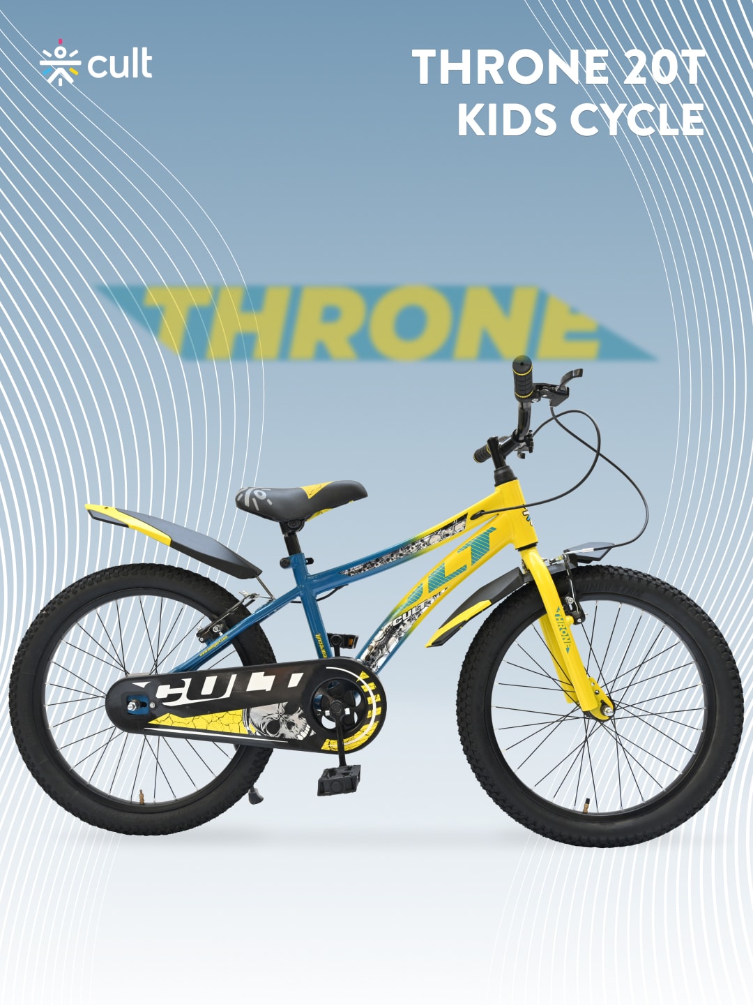 Throne 20T Steel Kids Bike with Rigid Fork, Single Wall Rim, V brakes and Chain Guard Yellow Blue
